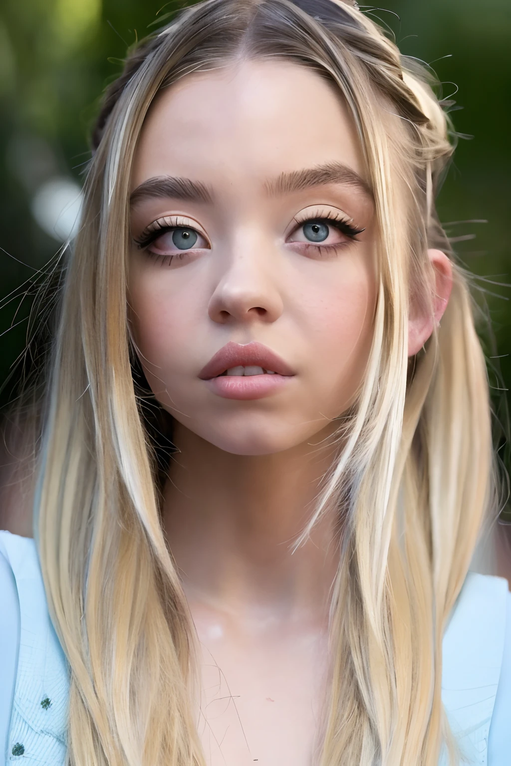 sydney sweeney (8k, 4k, best quality, highres, ultra high res:1.1), (masterpiece, realistic, photo-realistic:1.1), 1girl, face, close-up, twintails, blonde hair, black eyes, red lips, (looking at viewer:2), absurdly long hair, long eyelashes, eyeshadow, small face, big eyes, bare shoulders, high contrast,