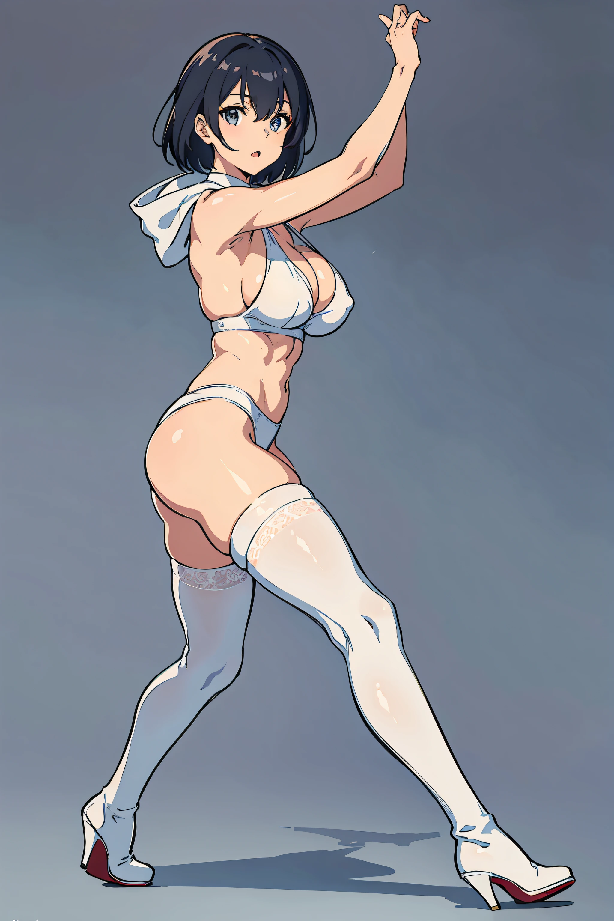 masterpiece, best quality, highly detailed, 8k, pure grey background, japanese comic, sketch, 20-year-old girl, athletic body, abs, muscular, beautiful face, shining eyes, long legs, short hair, big breasts, wearing white stockings, wearing white long boots with high heels, slender waist, tight butts, opening mouth, korean idol, dancing, elegant