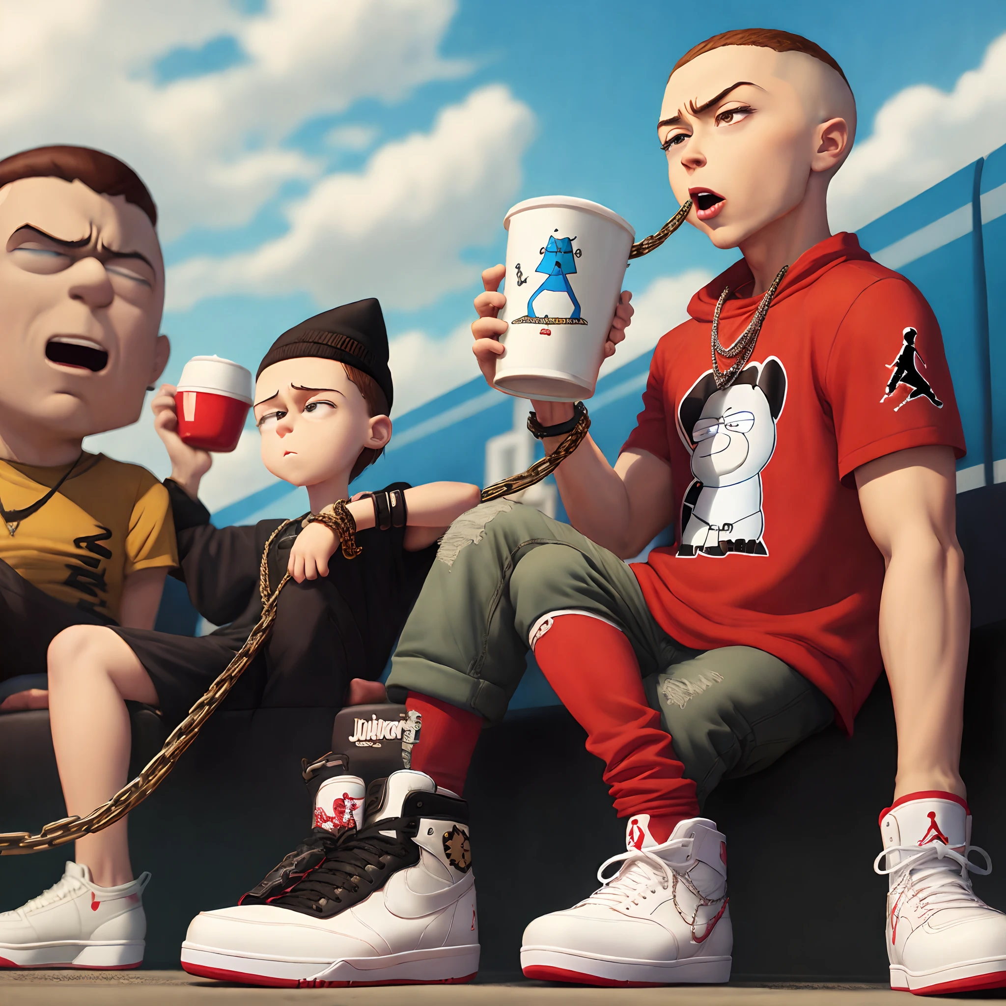 stewie griffin holding a cup of lean with a lot of cuban link chains and jordan’s on