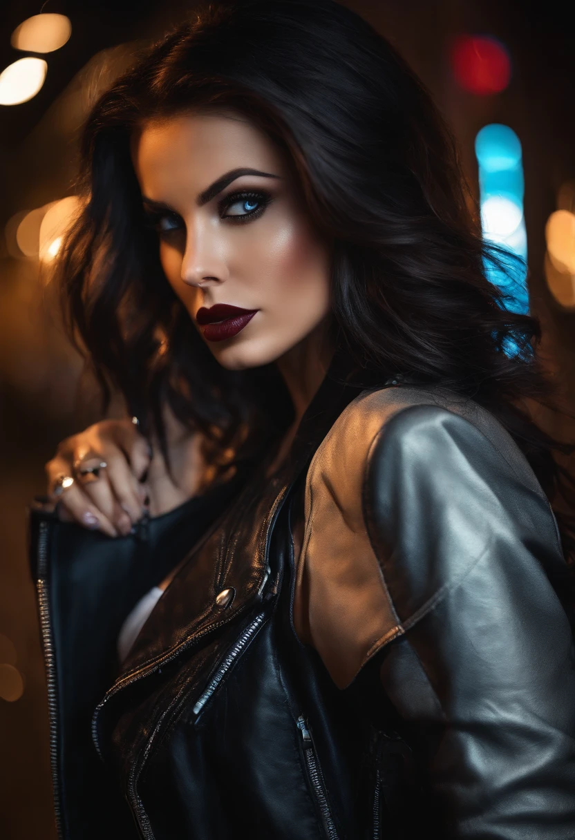 (realistic:1.37),sexy,dark hair,blue eyes,leather jacket,1girl,beautiful detailed eyes,beautiful detailed lips,vivid colors,dramatic lighting,huge boobs,colored hair,high heels,confident pose,fierce expression,long legs,edgy background,urban setting,city lights,nighttime scenery,graffiti-covered walls,striking contrast,bold shadows,seductive atmosphere,distinctive tattoo,