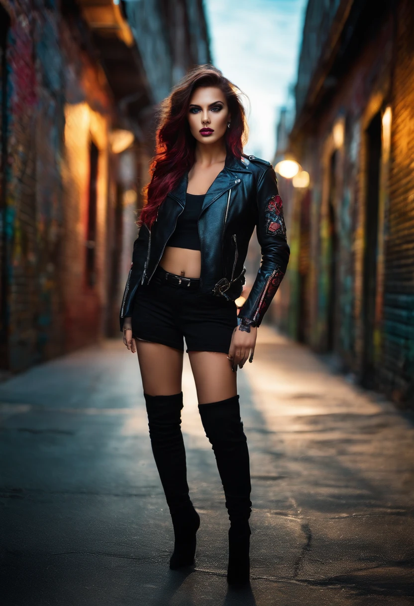 (realistic:1.37),sexy,dark hair,blue eyes,leather jacket,1girl,beautiful detailed eyes,beautiful detailed lips,vivid colors,dramatic lighting,huge boobs,colored hair,high heels,confident pose,fierce expression,long legs,edgy background,urban setting,city lights,nighttime scenery,graffiti-covered walls,striking contrast,bold shadows,seductive atmosphere,distinctive tattoo,