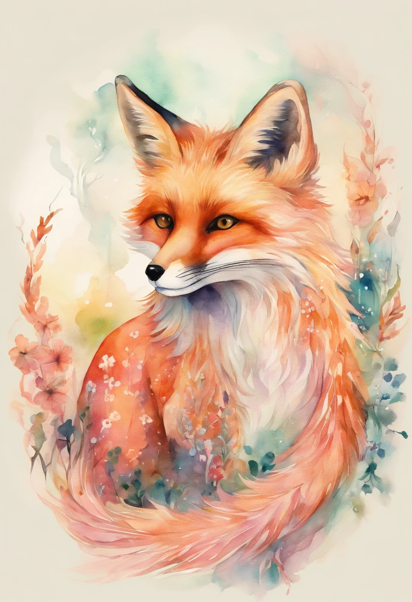 Watercolor fox with lush tail in kimono