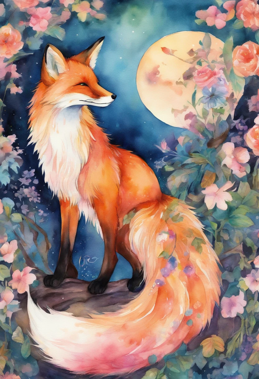 Watercolor fox with lush tail in kimono