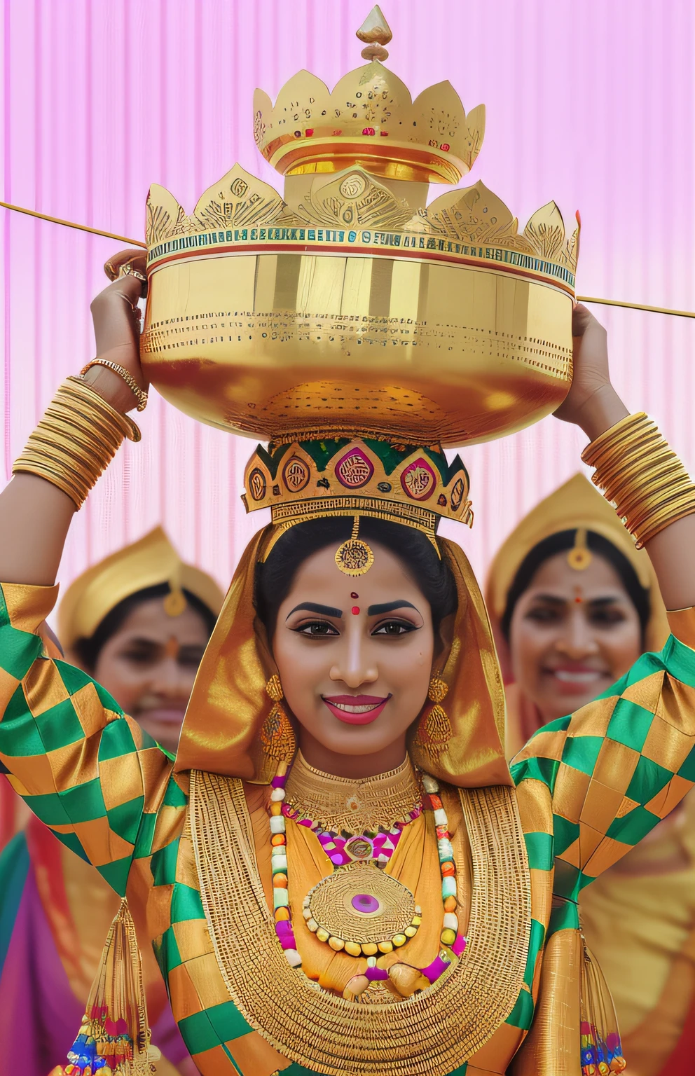 drawing of an araffe women in colorful clothing carrying a large gold pot on their head, gorgeous and huge head ornaments, wearing traditional garb, festival of rich colors, traditional costume, wearing huge golden crown, india, traditional clothes, traditional dress, traditional clothing, “ golden chalice, colour, traditional beauty, wearing authentic attire, “ golden cup, closeup - view
