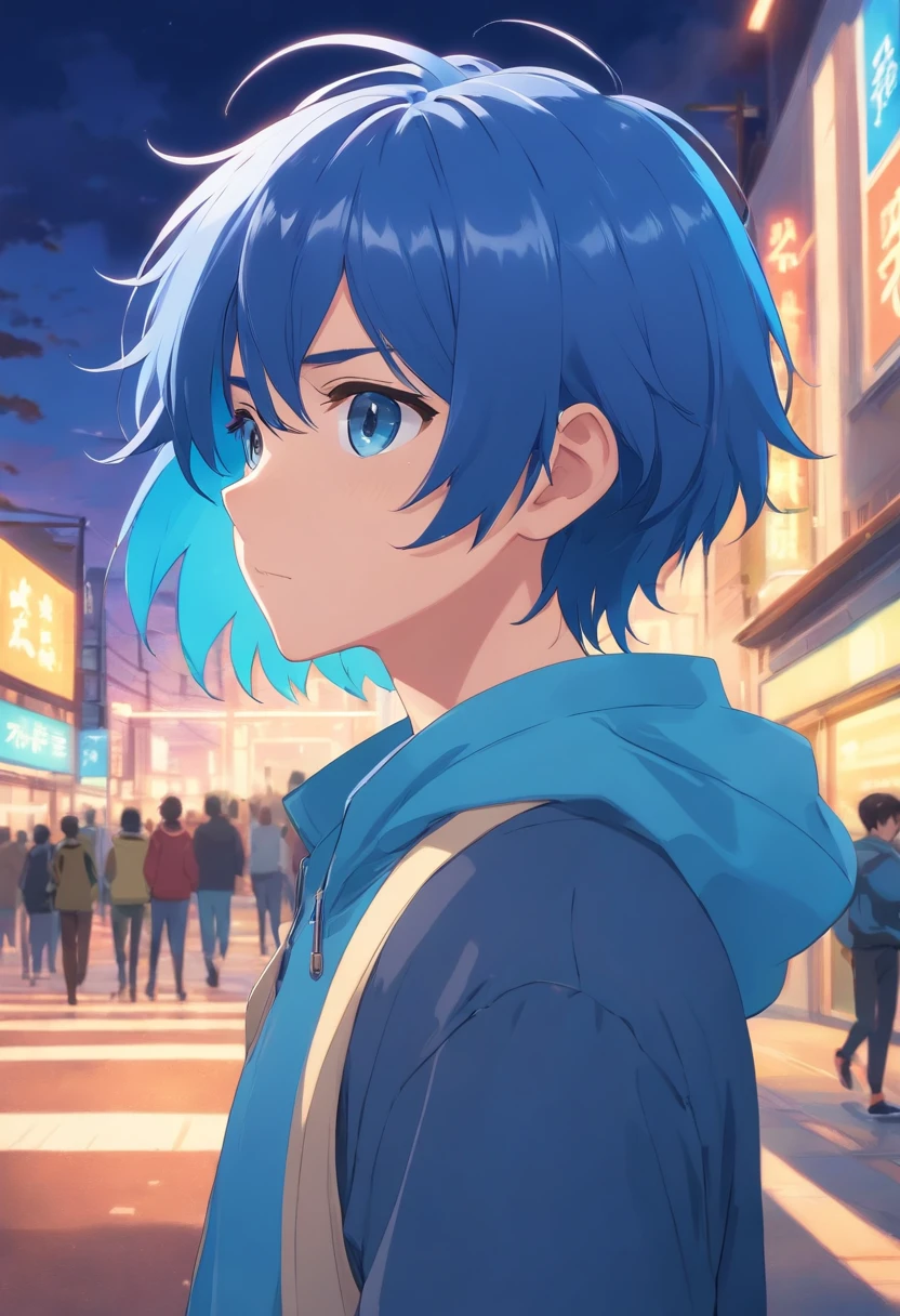 blue hair, boy, high school student, A determined expression