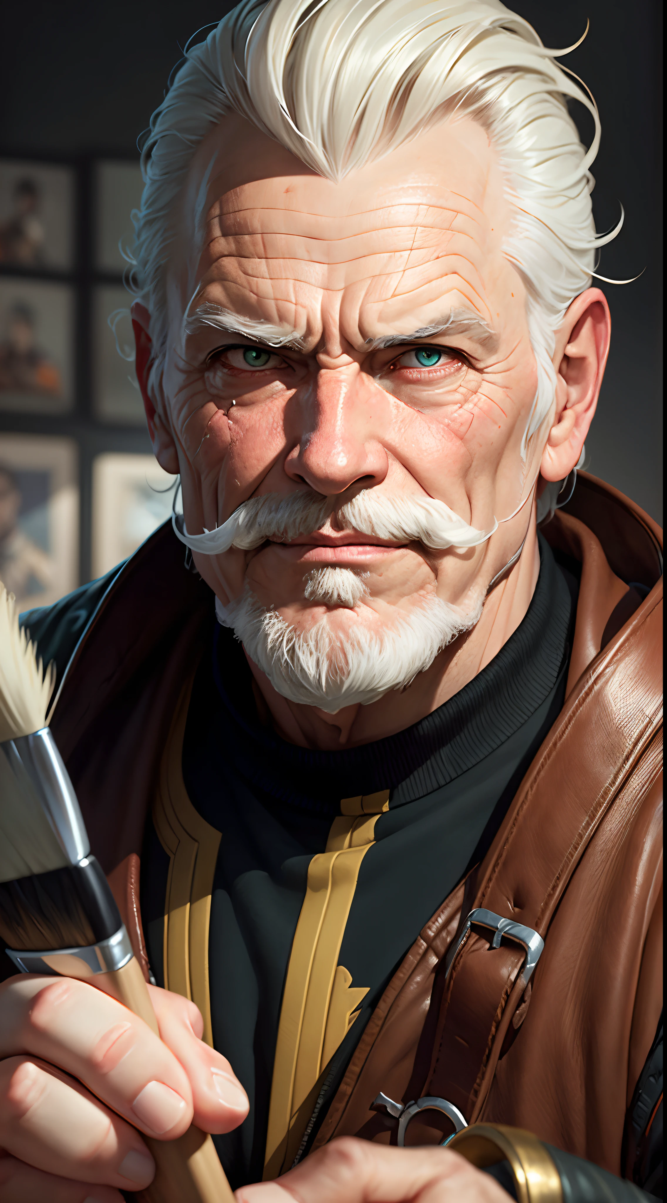 a close up of a person holding a brush, a character portrait, inspired by senior character artist, Artstation, oldman with mustach, artgerm and warren louw, vector behance hd jesper ejsing, rpg book portrait, portrait of hide the pain harold, old charismatic mechanic, an oldman, roleplaying game art