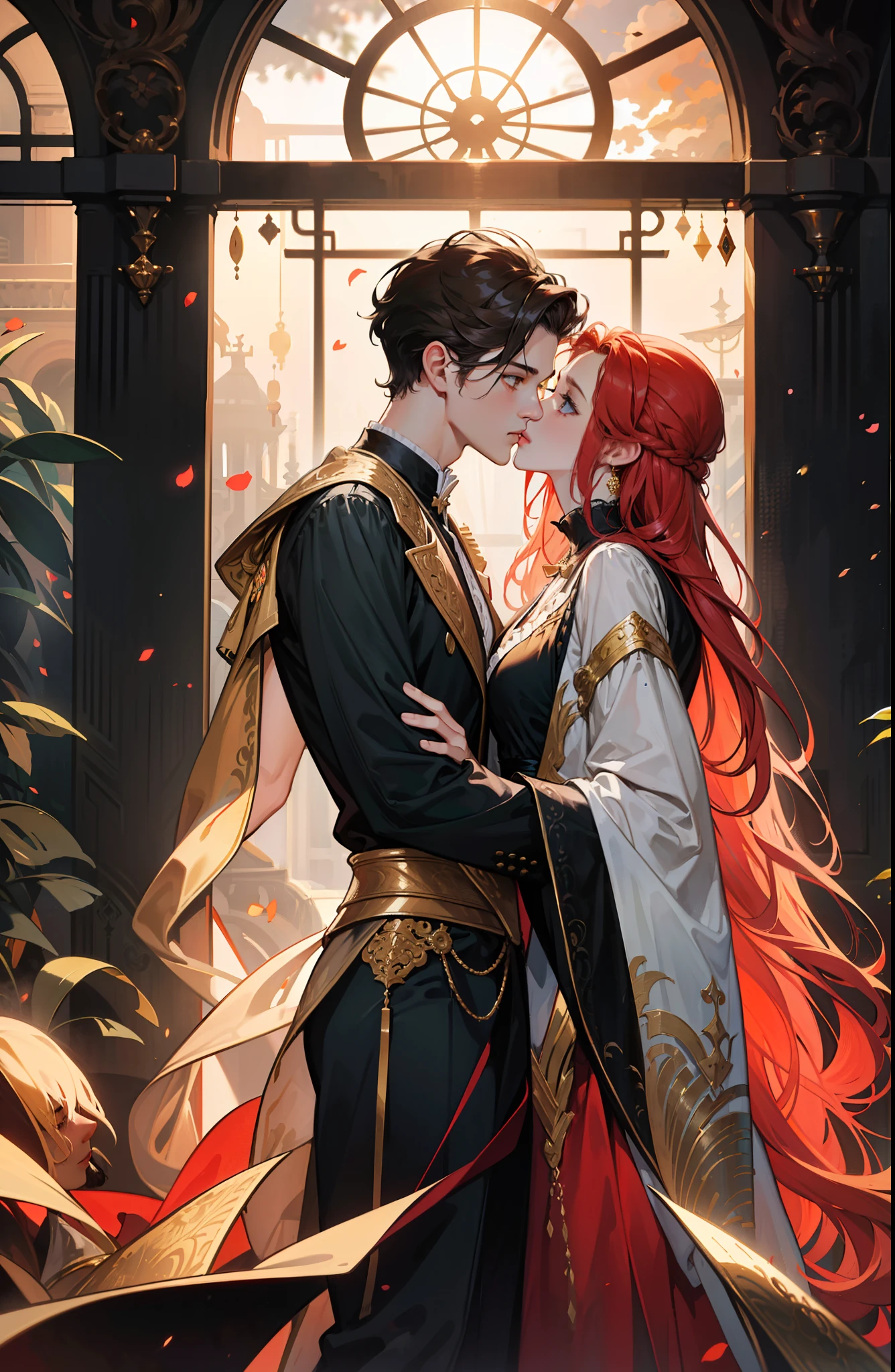 ((masterpieces)), best quality, exceptional illustration, a couple kissing, soft focus, 1 boy with short black hair, BLUE EYES, 1 girl with long wavy red hair, GOLDEN YELLOW EYES, Victorian clothing, Victorian romanticism, opulent and exquisite atmosphere, soft light and warm lighting.