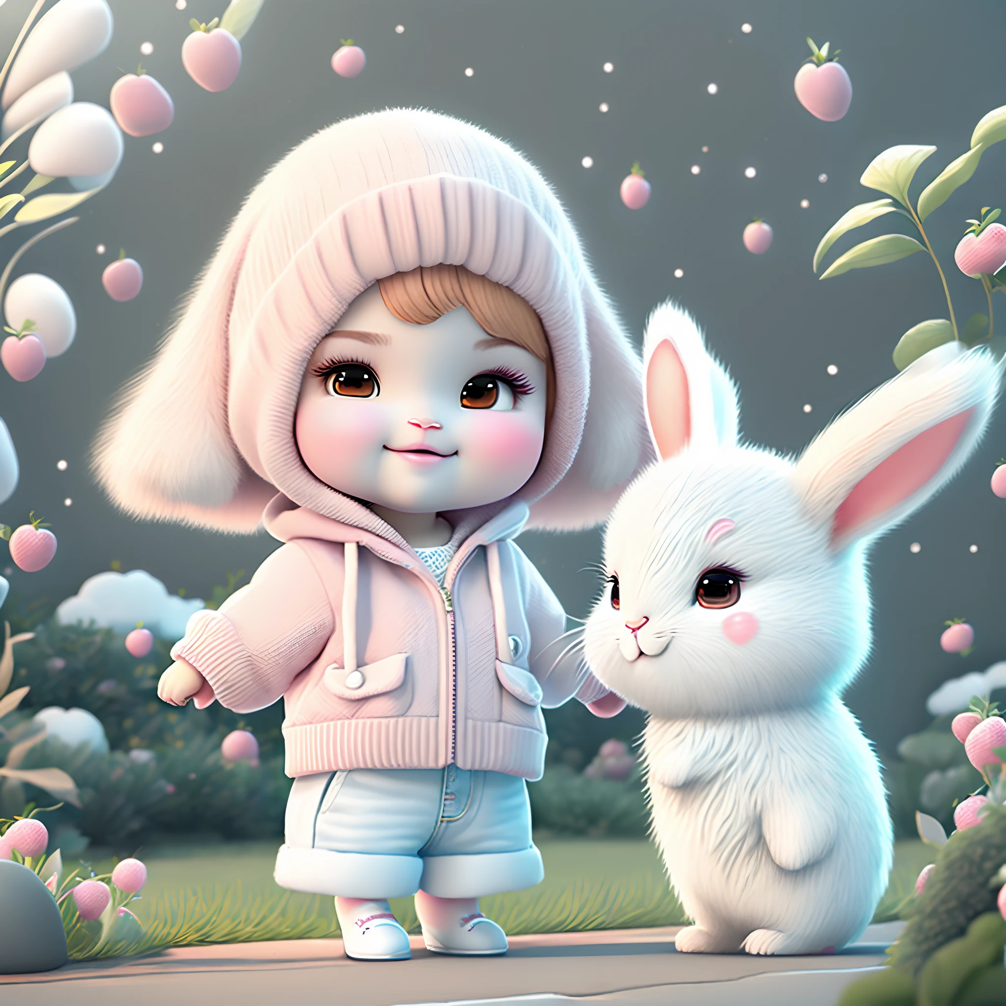 Pixar style, cute cartoon of girl with white cargo pants and a pink crop top, big brown eyes and strawberry blonde hair, plants around her, a white and grey bunny to her side, poster, photo, 3D render, fashion, pixar logo