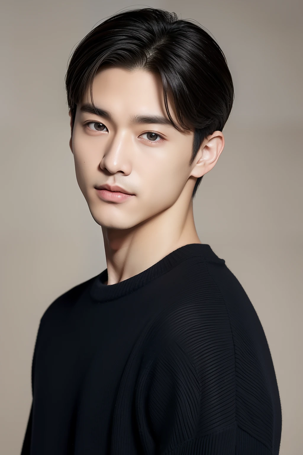 top-quality, ​masterpiece, 超A high resolution, (realisitic: 1.4), Original photo, wall-paper, Full body photo, The skin, simple background, Black eyes, detaileds,  1 boys, 18 years old, a handsome,  Duan、a room、Amazing handsome man、Cute、Center Part、Johnny's、A face like Ryo Yoshizawa、Refreshing、not too thick eyebrows、orthodox christianity、musculature、ssmile、Watching the person watching、Wearing knitwear
