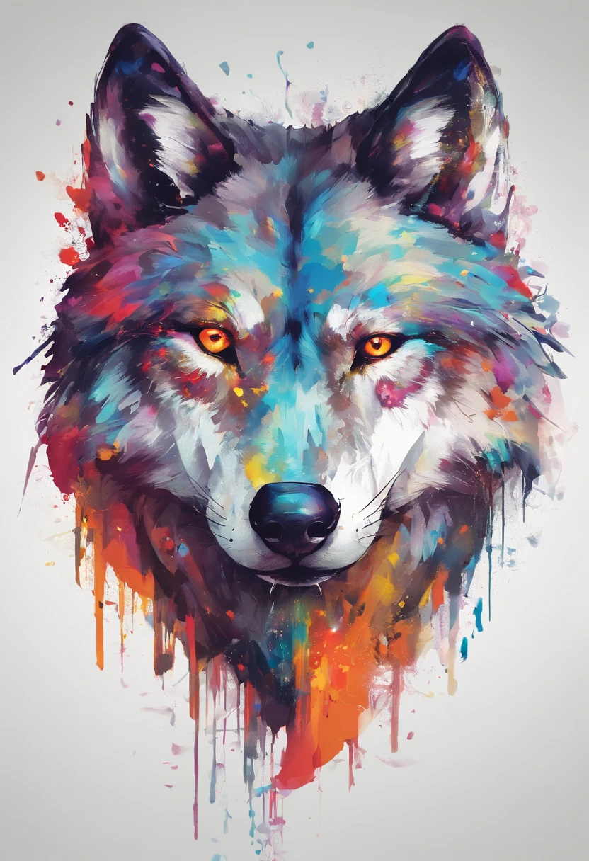 arte splash, a wolf's head, ((fundo branco)), olhos penetrantes, epic instagram, art-station, estilo splash de tinta colorida, contorno, hiperdetalhado intricadamente detalhado, Motor irreal, genial, detalhes intrincados, tela inicial, cores complementares, conceito de fantasia arte, 8K分辨率, obra-prima do deviantart, oil-painting, pinceladas pesadas, pingos de tinta, artes de salpicos