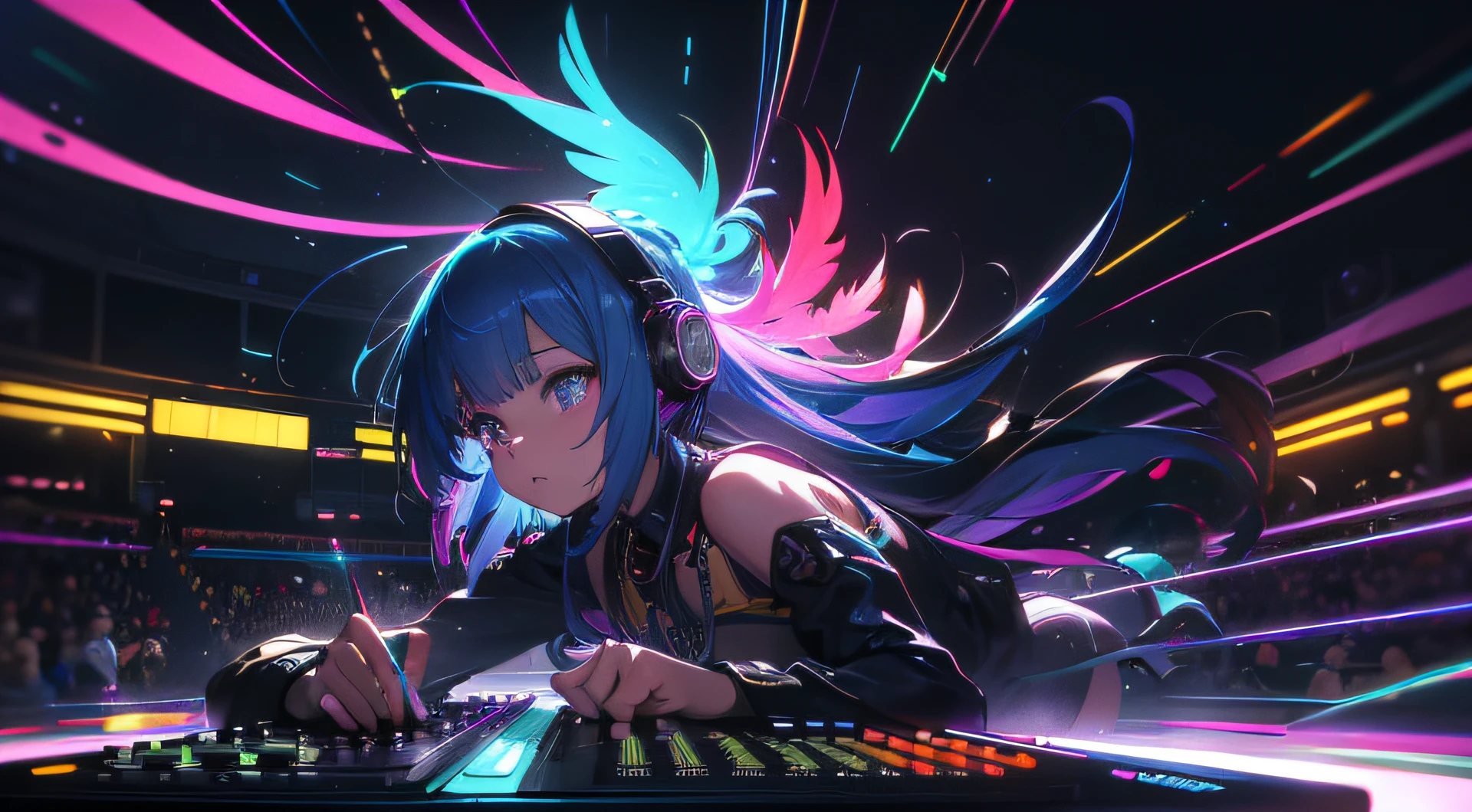 A YouTube channel banner for a lo-fi music channel featuring melancholic attractive African-American girl, age 21, headphones, happy psychedelic mood, anime style, euphoric mood, really long wild bright vibrant punk hair with really long bangs in face, profile view, very detailed, DJ turntables, white feathers in the air, LED string lights, wild moving dancing to music, ample build, massive vacuum tubes emitting massive colorful light, warm cozy, records, cassette tapes, happy psychedelic mood, euphoric mood, full colors, very high contrast, realistic anime style, digital oil painting, unreal engine 5, high octane render