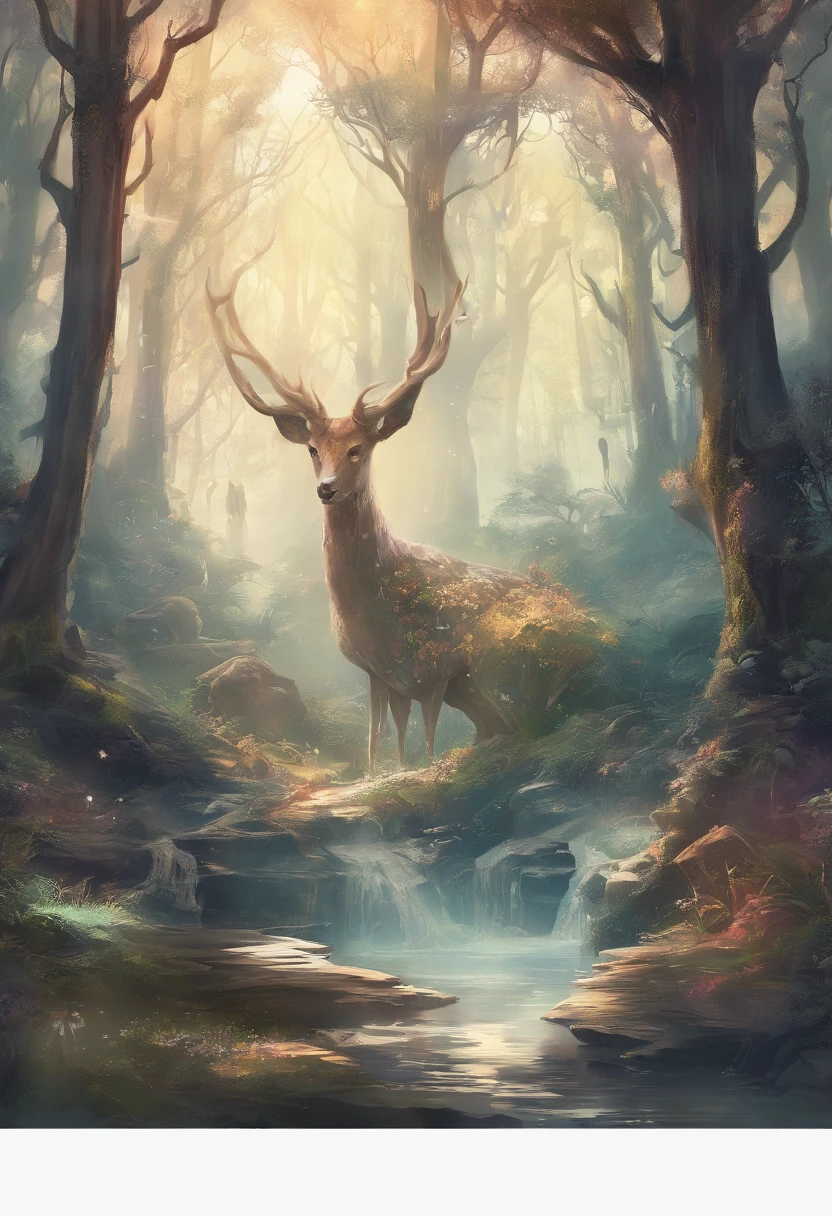 (Enchanted Forest 7,Magical creatures,(glowing mushrooms),sparkling waterfalls,fantasy,Leonora Carrington,a fantasy forest,Hazy perspective,sunlight filtering through the trees,(Glowing sika deer),Rich in color,assignment,light and shadow effect,k hd,tmasterpiece,Detailed details,depth of fields