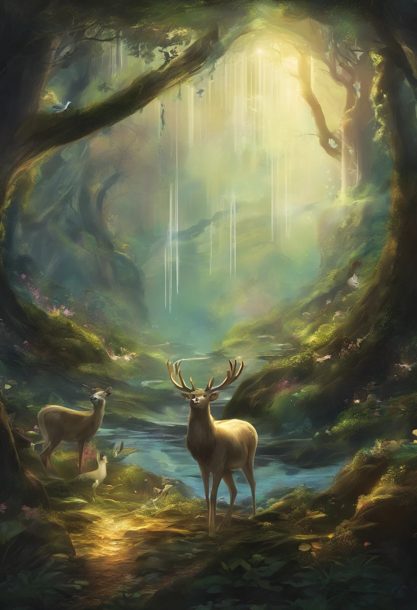 (Enchanted Forest 7,Magical creatures,(glowing mushrooms),sparkling waterfalls,fantasy,Leonora Carrington,a fantasy forest,Hazy perspective,sunlight filtering through the trees,(Glowing sika deer),Rich in color,assignment,light and shadow effect,k hd,tmasterpiece,Detailed details,depth of fields