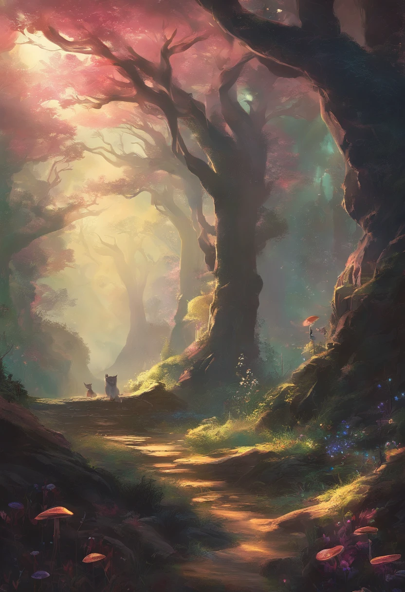 （Enchanted Forest 7，Magical creatures，（glowing mushrooms），sparkling waterfalls，fantasy，Leonora Carrington，a fantasy forest，Hazy perspective，sunlight filtering through the trees，（Glowing sika deer），Rich in color，assignment，light and shadow effect，k hd，tmasterpiece，Detailed details，depth of fields