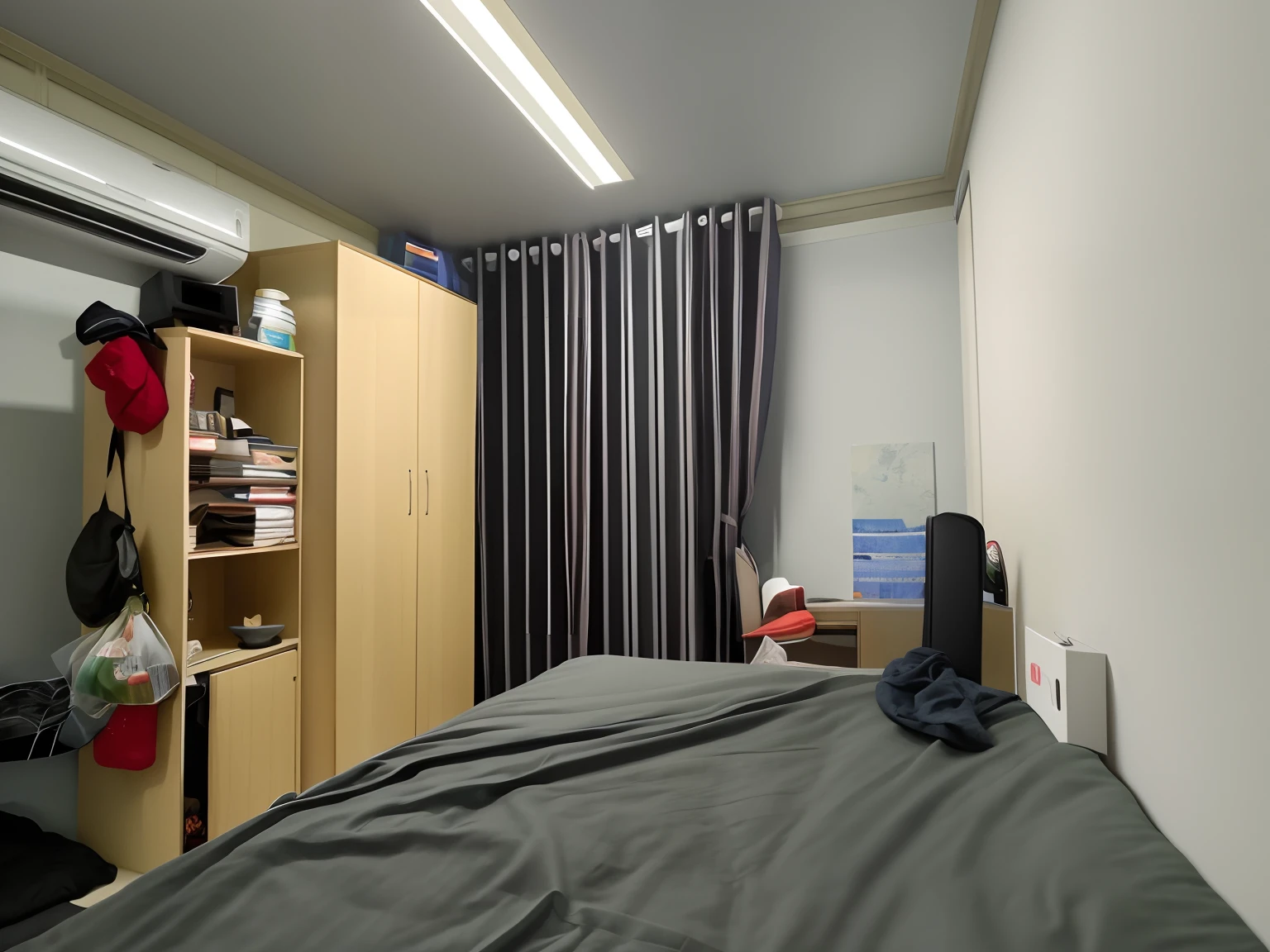 there is a bed in a room with a book shelf and a book case, interior of a small room, inside of a bedroom, small room in tokyo, dim bedroom, an interior of room, small room, inside a gang hideout, photograph of 3d ios room, claustrophobic room, 2 4 mm iso 8 0 0, bed room