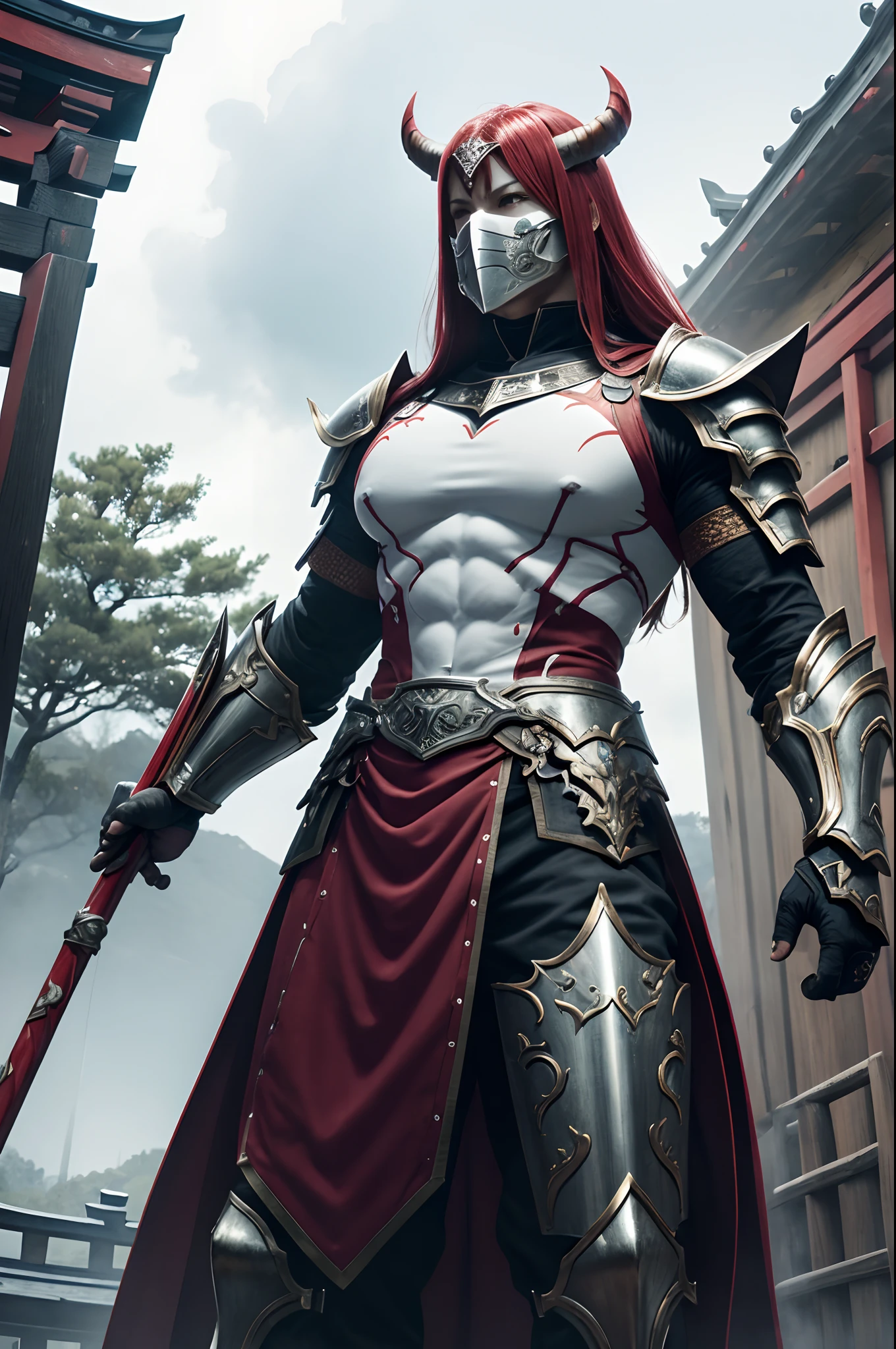 (Female Ghost Tender)、Demon Mask、Super Beauty、Red Armor Solo Adult Devil Woman、Like the whole body、Big chest muscles and macho figure,Split abs,(Armed with a long and large spear)、Ghost of a mature big woman。Sturdy jaw(Lifelike)、Stand facing the front、Demon Armor、magnificent artwork、((Kyoto panel painting style))、Wind-effect:1.9、Cloud Effects:1.2、Full Rendering、Encaustic Painting、unrealengine、Fine armor patterns and decorations,A hyper-realistic,Armor details,超A high resolution,