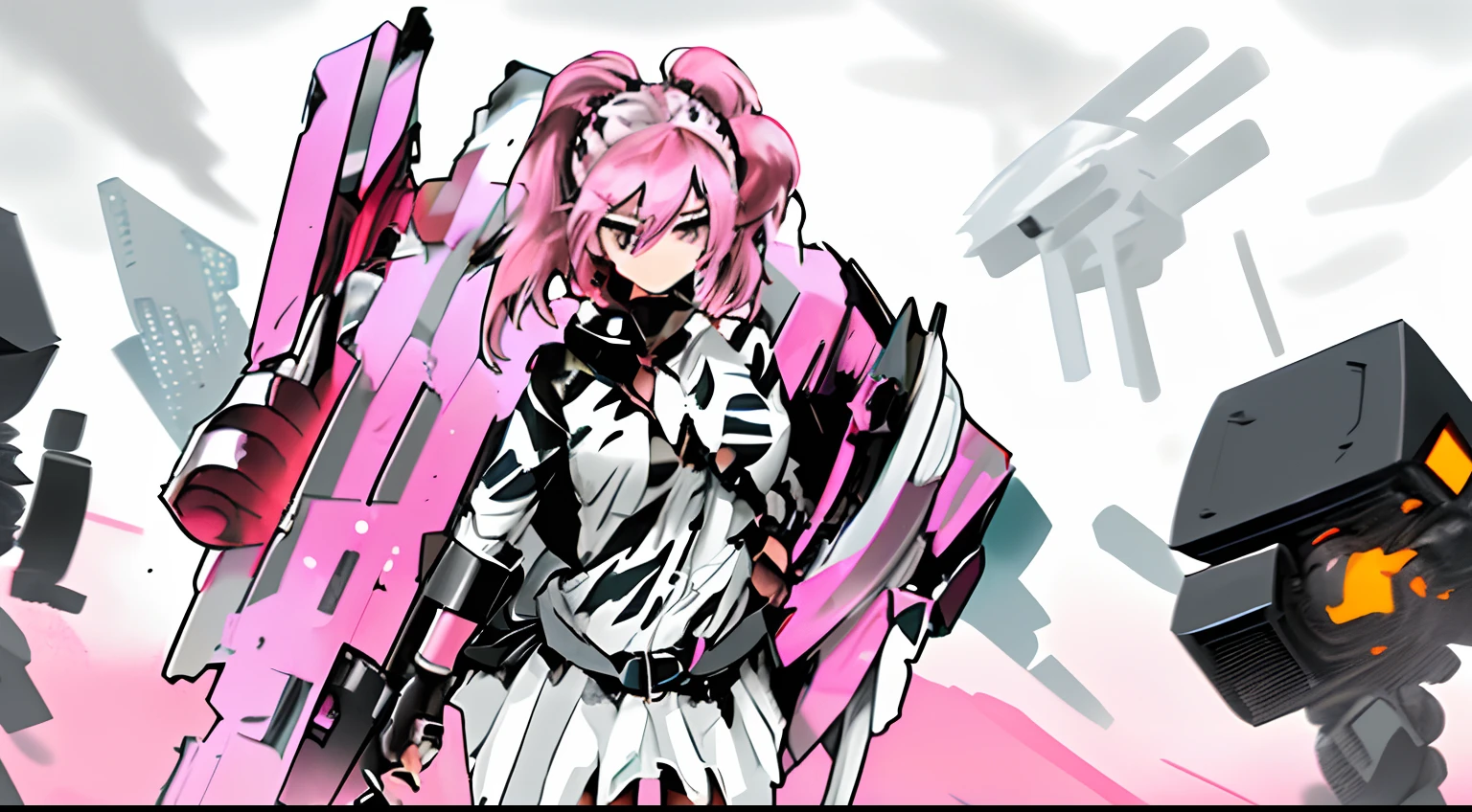 1girll, Masterpiece, Best quality, 8K, Pink hair Multiple ponytails,Black and white shirt with zebra pattern,black short skirt,With heavy weapons,Technological large weapons,metals,Tech cannons,snowy day,There were troops following behind,snowfield