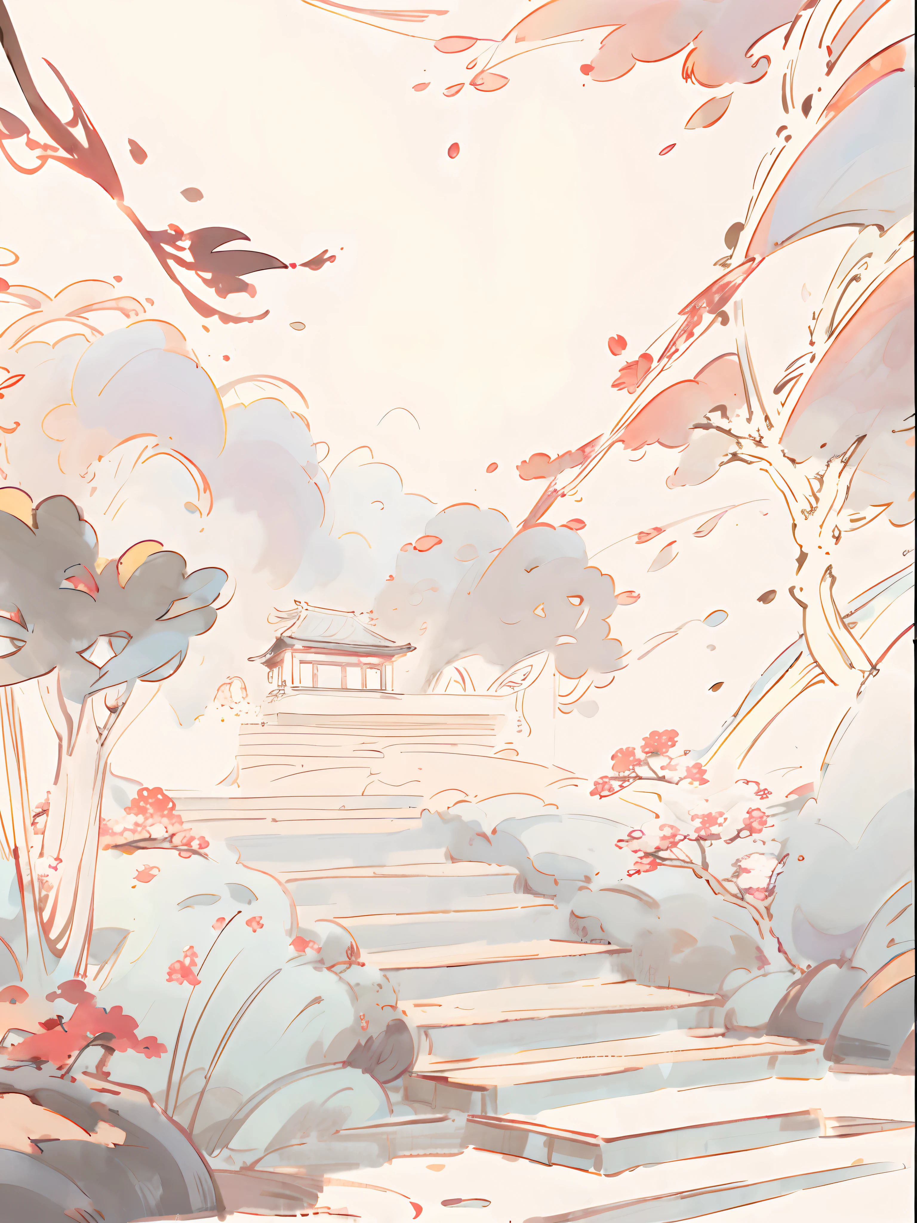 （Chinese landscape），abstract paintings，（Zen Buddhism），（autumnal，The tree，sweet osmanthus，Small rivers，Chinese-style architecture），Light abstract cover art，Simple vector art，Gradient of color，Pastel color palette，Hierarchical form，The style is ethereal and abstract