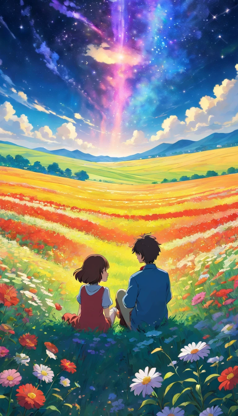 Fantastic flower fields . Jewel-like starry sky . Couple sitting, face not visible in the back view , high quality image down to the smallest detail. Fantastic landscape . People large .