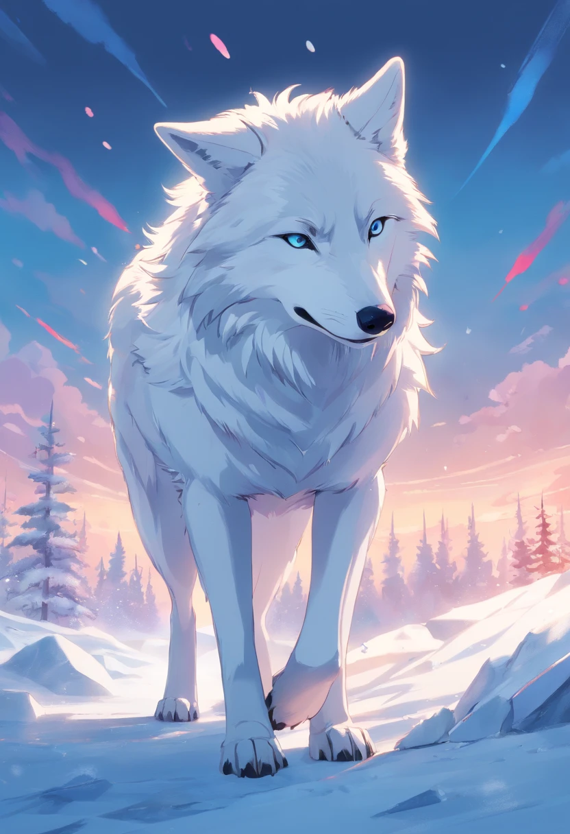 "Surreal 32K level（32K）Portrait of an arctic wolf，Capture every pore and texture with a delicate texture and form，An injured wolf, bleeding and trapped, the fur is white and blood stained. The background is snowy and cold"