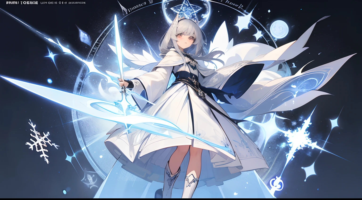 Top image quality、ultra-definition、illustratio、character sheets、full bodyesbian、teens girl、cabelos preto e longos、Grayish-white eyes、White robe with snowflake motif decoration、Have a big magic wand with a snowflake motif、Wearing white boots、A white chain extends from the magic circle behind、magia、white plain background