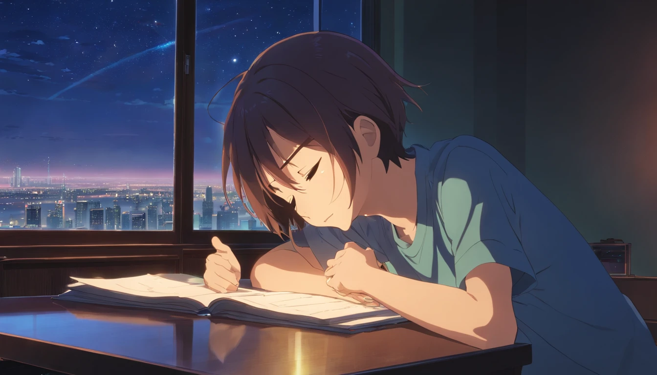 a boy crying sleep in night in table no light window side night star