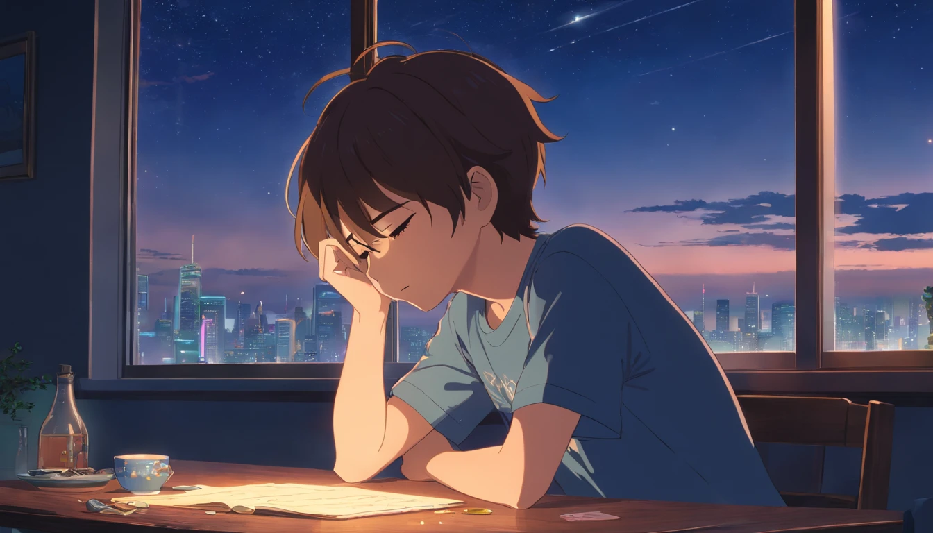 a boy crying sleep in night in table no light window side night star