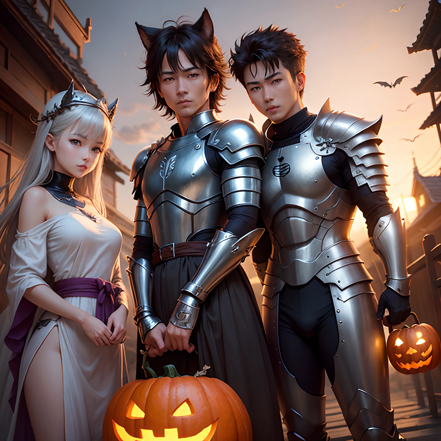 ​masterpiece、top-quality、hight resolution、ultra-detailliert、Hirohiko Araki、Ocean wind、1 male、The upper part of the body、Wearing sheet metal armor、Silver armor、Obi Ken、Holding the head in his left hand、Armoured pocket、Dullahan、No head、Full Moon Night、the bats、Halloween、Jack-o'-lantern、pumpkins、Horseback riding、Right away