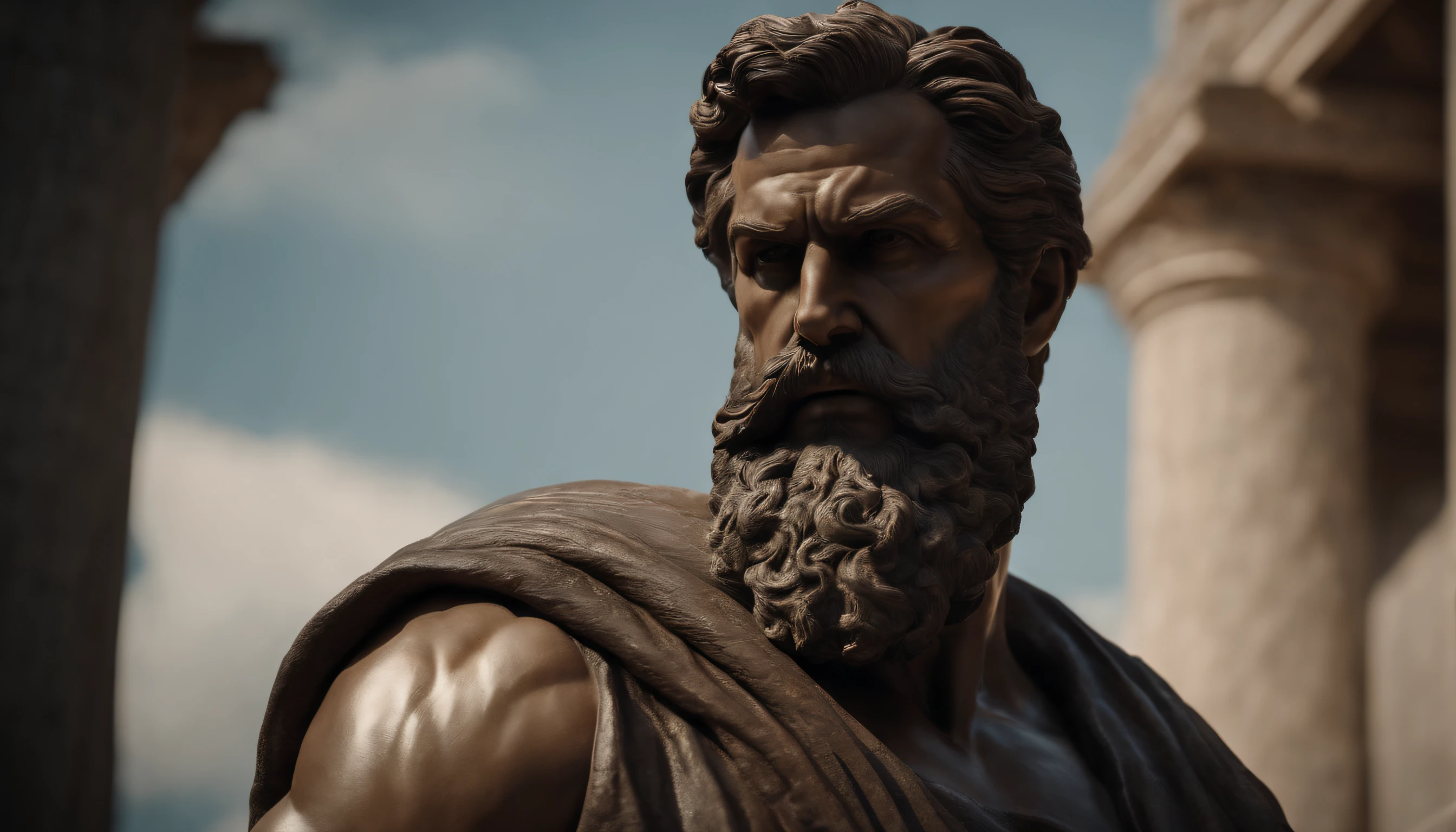 close up of a statue of a man with a beard, a statue inspired by Exekias, featured on zbrush central, digital art, statue of hercules looking angry, muscular character, realistic 8k bernini sculpture