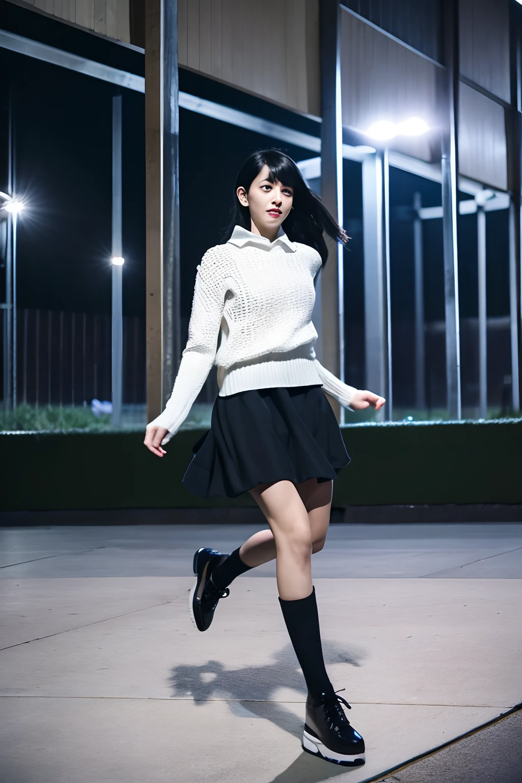 A young woman with black hair wearing a white collared sweater and a black skirt is dancing outdoors at night. The background shows a modern architectural setting with layered concrete platforms. The atmosphere appears to be urban and contemporary. The woman's movement suggests a dynamic dance step. feet are in the air.in the background and bright city lights.