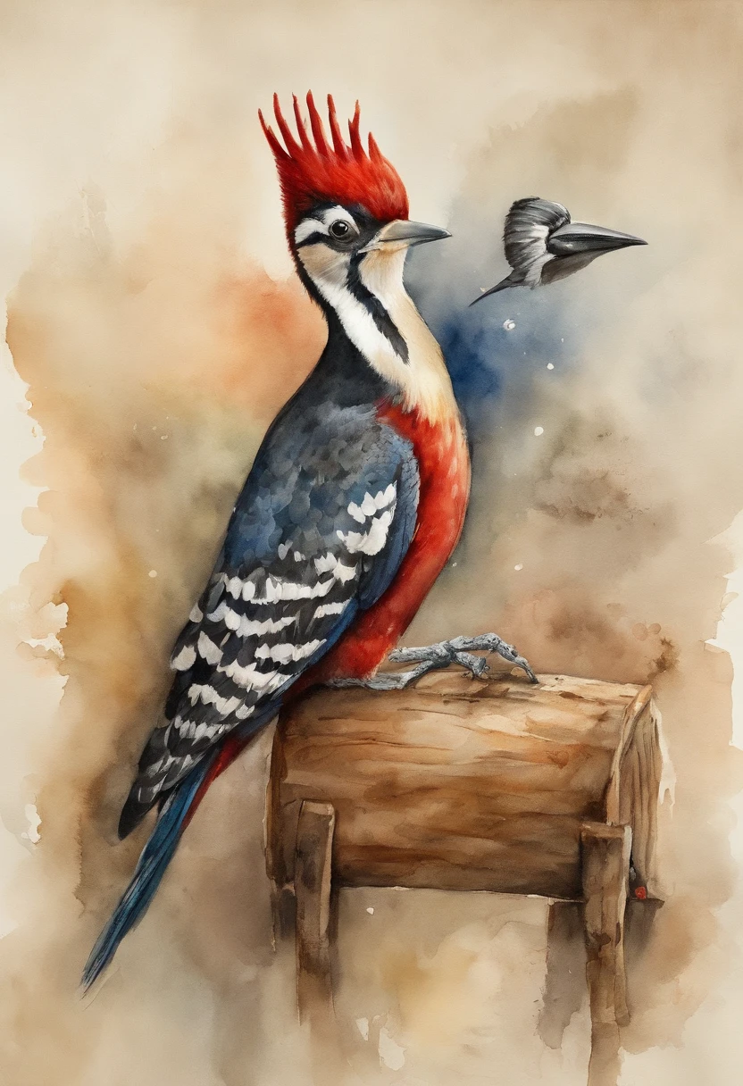 A woodpecker riding a horse with a liter of vodka in his hand, Ultra Detalhado, cor vermelho . ::n_ desenho, alta qualidade, boneco, assinatura