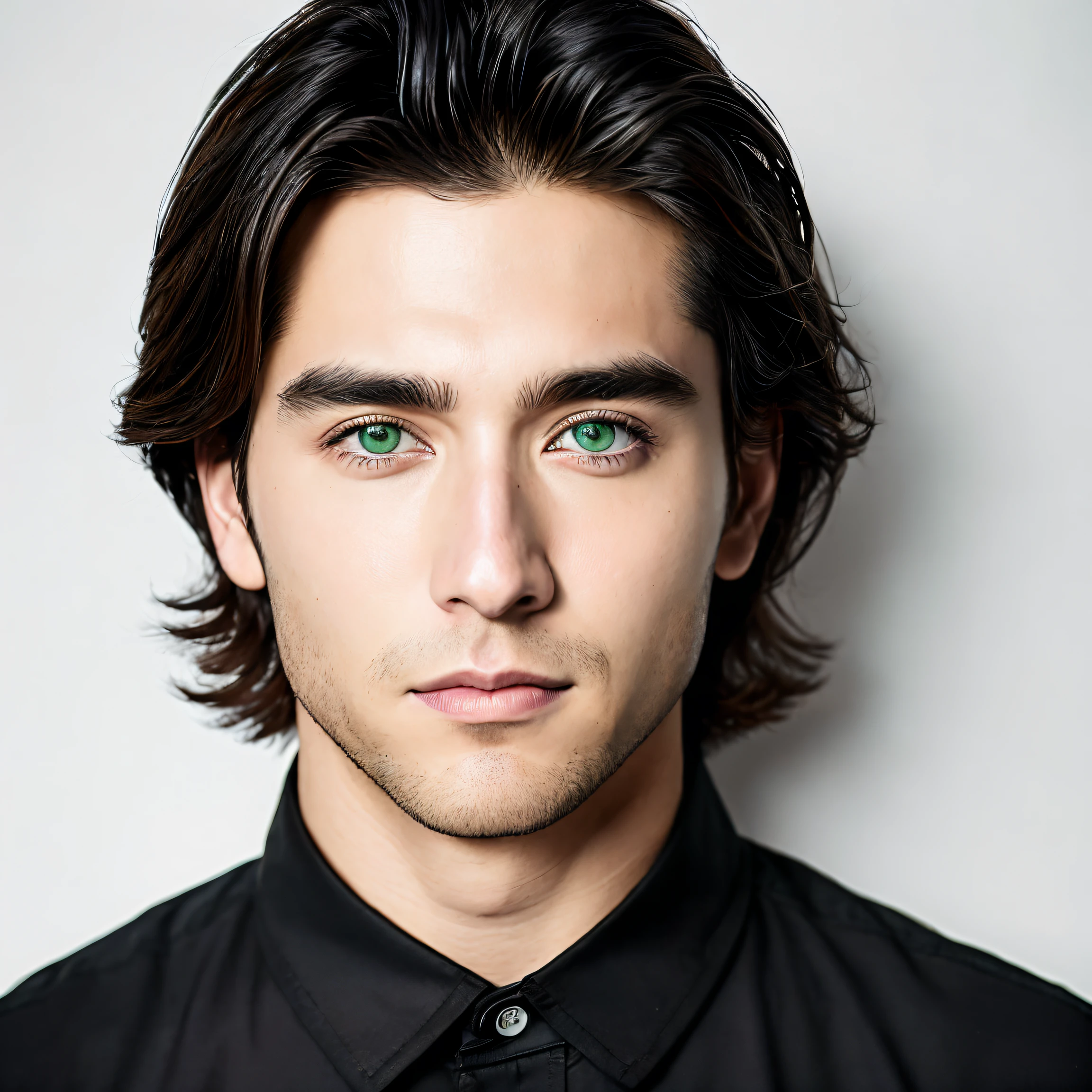 front view, looking at camera, RAW photo,((black shirt:1.2)), ((portrait)),beautiful black hair 30 years old man, green eyes, perfecteyes eyes, ((white background:1.2)), studio lighting, high quality, film grain, Fujifilm XT3, centralized