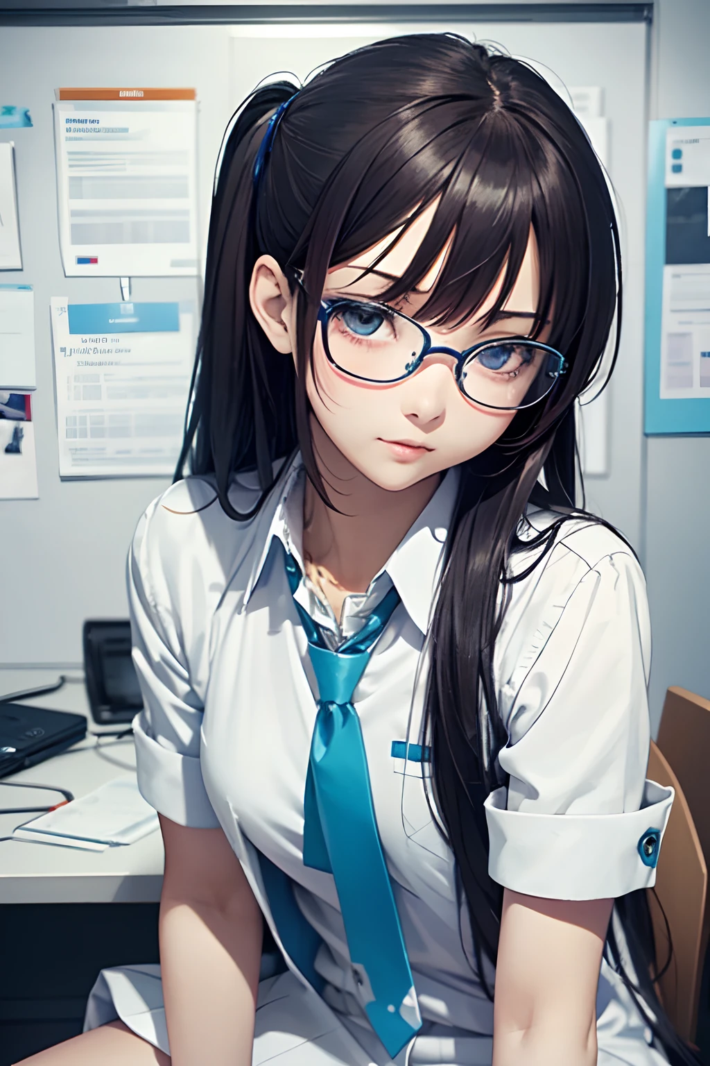 Cross-eyed、Drunk、Turned、( Silly / Sexual ecstasy)、Turned、eye glass、top-quality, Photorealistic, An ultra-fine illustrations, beautiful attractive anime girl, miku hatsune, Slender body, Tied hair, one girls, a photo of girl, Full body shot, Beautiful blue eyes, Turned, in a office、Sitting at your desk、Women's Suits、