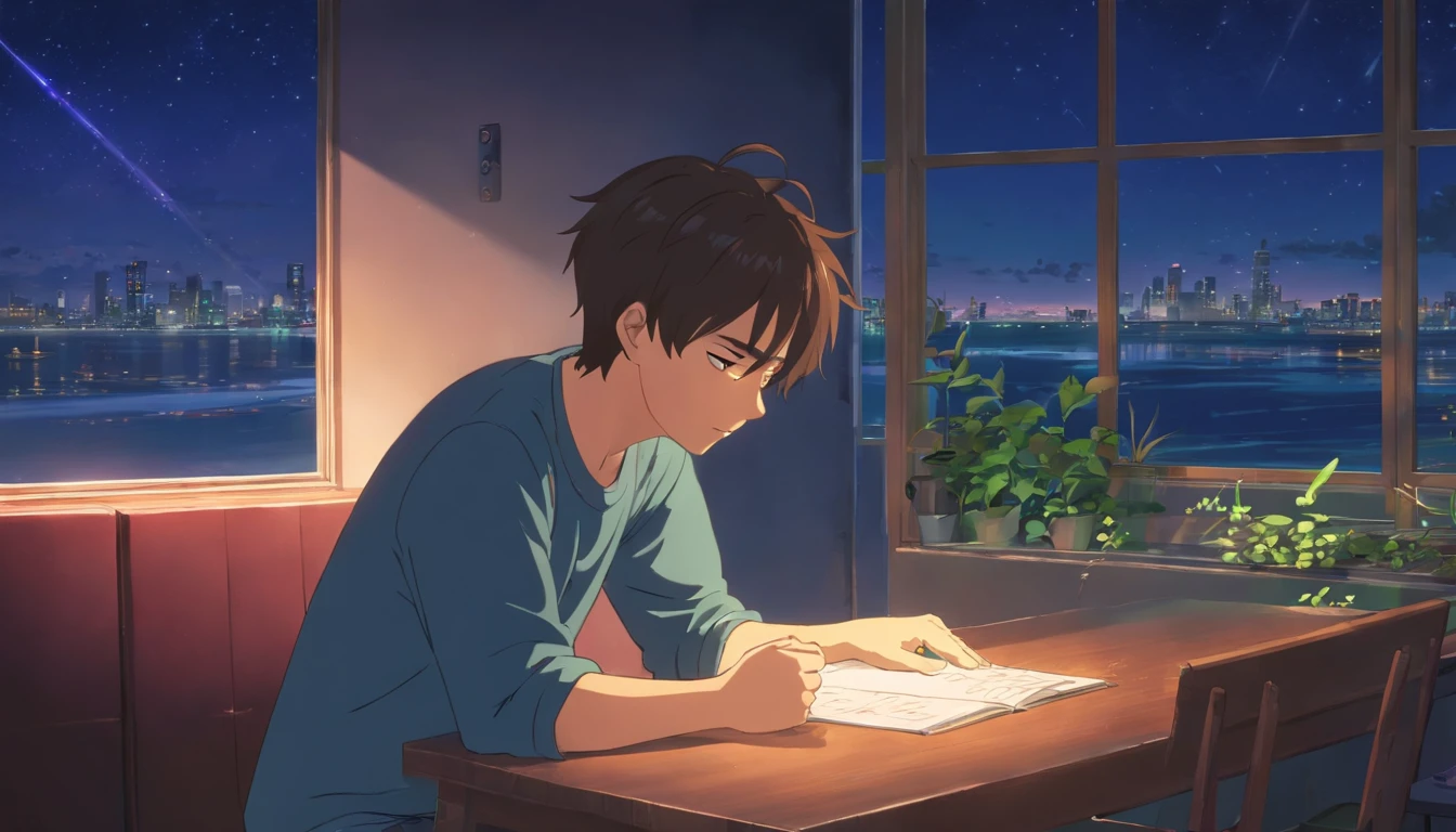 a boy crying sleep in night in table no light window side night star proper hand