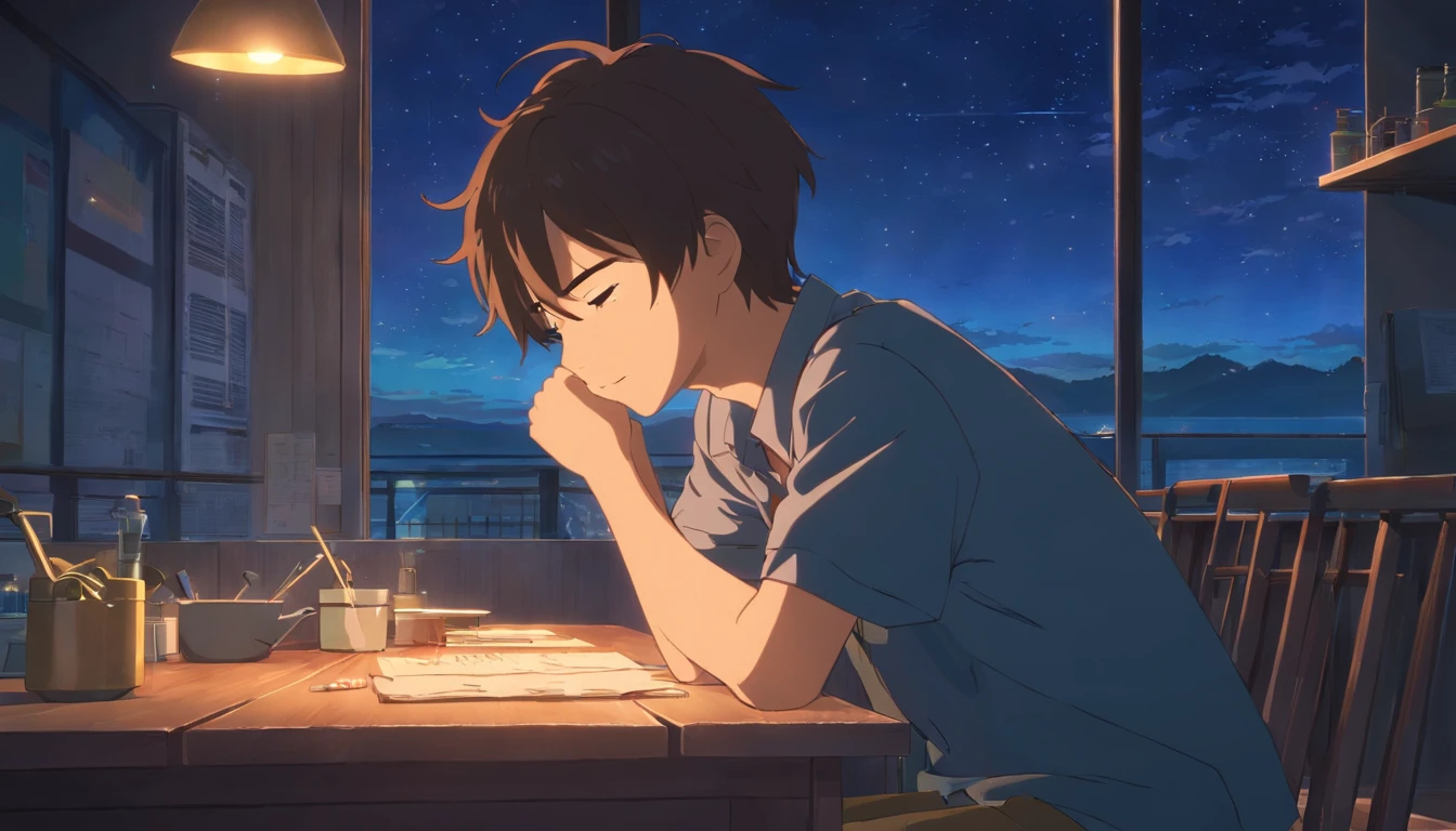 a boy crying sleep in night in table no light window side night star proper hand