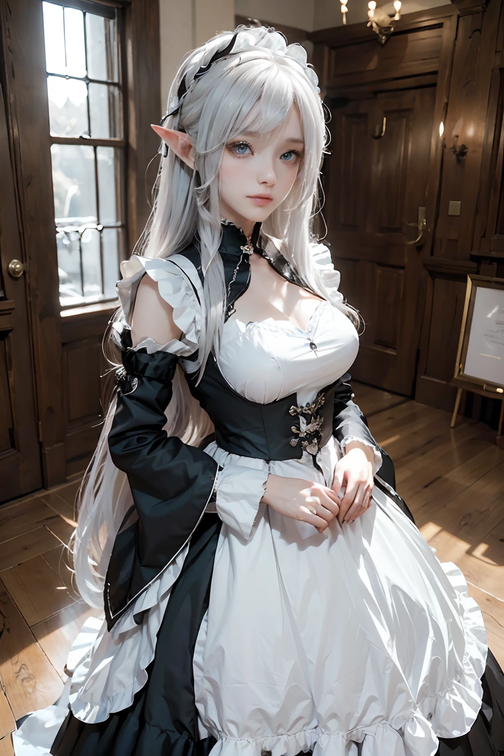 The woman, (European Citizenship: 1.2) In a black and white outfit posing for a photo, maiden! Dress, Anime Girl Cosplay, anime girl in a maid costume, The Magnificent Maiden, maid outfit, cosplay photo, cosplay, anime cosplay, A Few Cute Poses, Заманчивый портрет Marvel's Storm (snow-white hair!), (Face of the Goddess), (Elegant posture: 1.4), Elegant atmosphere, Noble atmosphere, (Milf: 1.6) (Shiny bright white hair: 1.5), (Cyan eyes: 1.4), (maidservant: 1.4), (Black and White Maid Outfit: 1.1), (Incredible beauty, High facial detail:1.3), (elegant, elongated, pointy elf ears: 1.5), (Graceful Elf: 1.4)