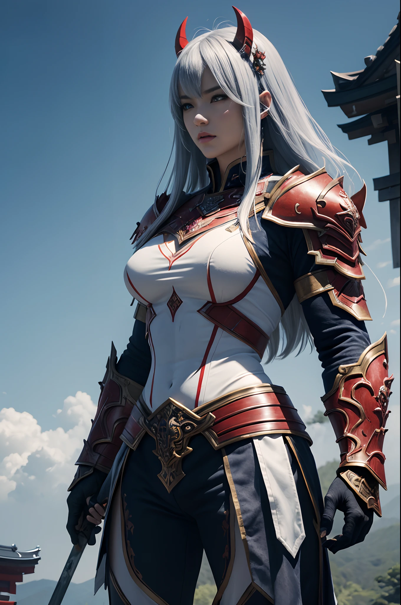 (Female Ghost Tender)、Demon Mask、Super Beauty、Red Armor Solo Adult Devil Woman、Like the whole body、Big chest muscles and macho figure,Splitting abs,(Armed with a long and large spear)、Ghost of a mature big woman。Sturdy jaw(Lifelike)、Stand facing the front、Blue Demon Armor、magnificent artwork、((Kyoto panel painting style))、Wind-effect:1.9、Cloud Effects:1.2、Full Rendering、Encaustic Painting、unrealengine、Fine armor patterns and decorations,A hyper-realistic,Armor details,超A high resolution,enticing,Entice viewers,