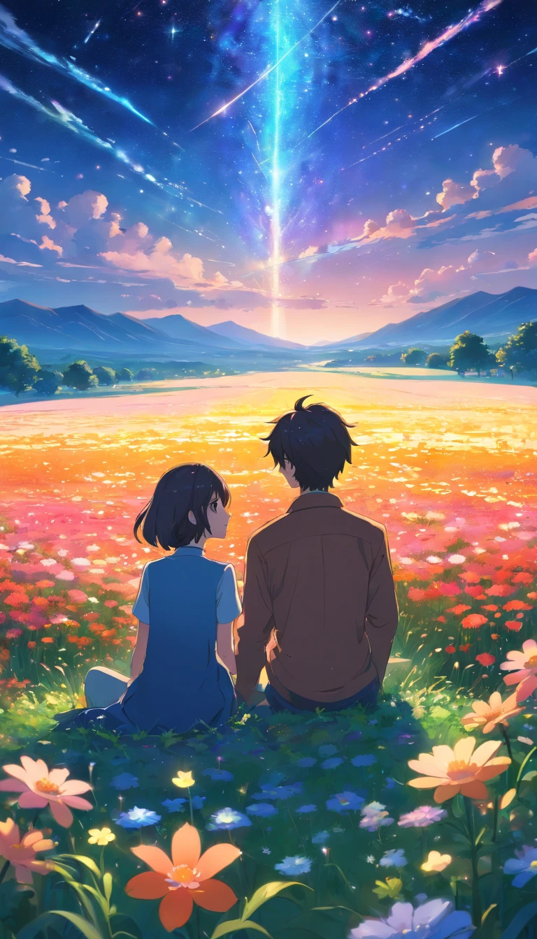 A couple sitting in a field looking at the stars - SeaArt AI