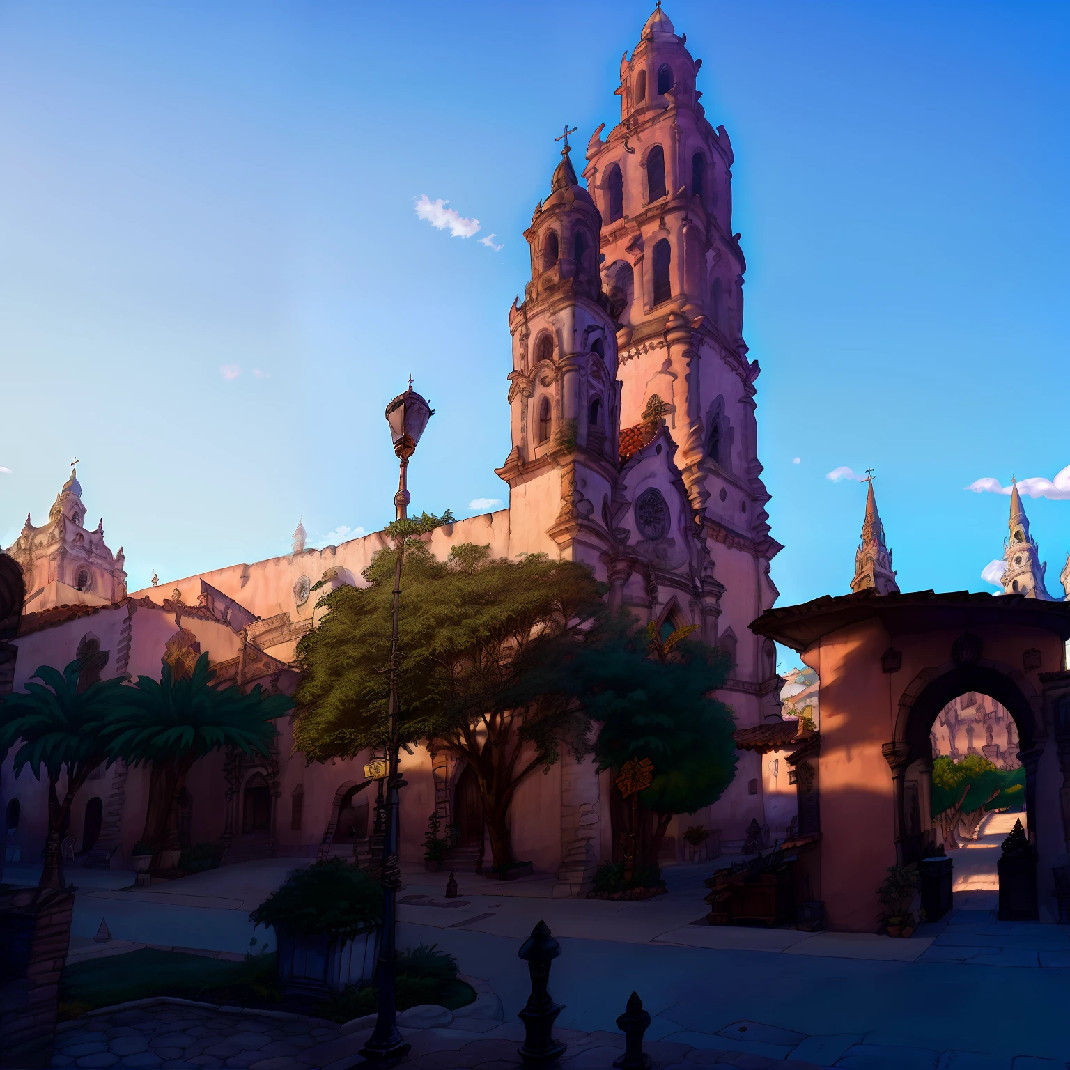 Hay una torre del reloj en medio de una Plaza, Central Mexico, Catedral al fondo, Old cathedral behind it, catedral, tlaquepaque, guanajuato, Iglesia en el fondo, Catedral del Sol, Iglesia Catedral, by Tom Wänerstrand, en una ciudad con una rica historia, Plaza, Imagen impresionante, casco antiguo