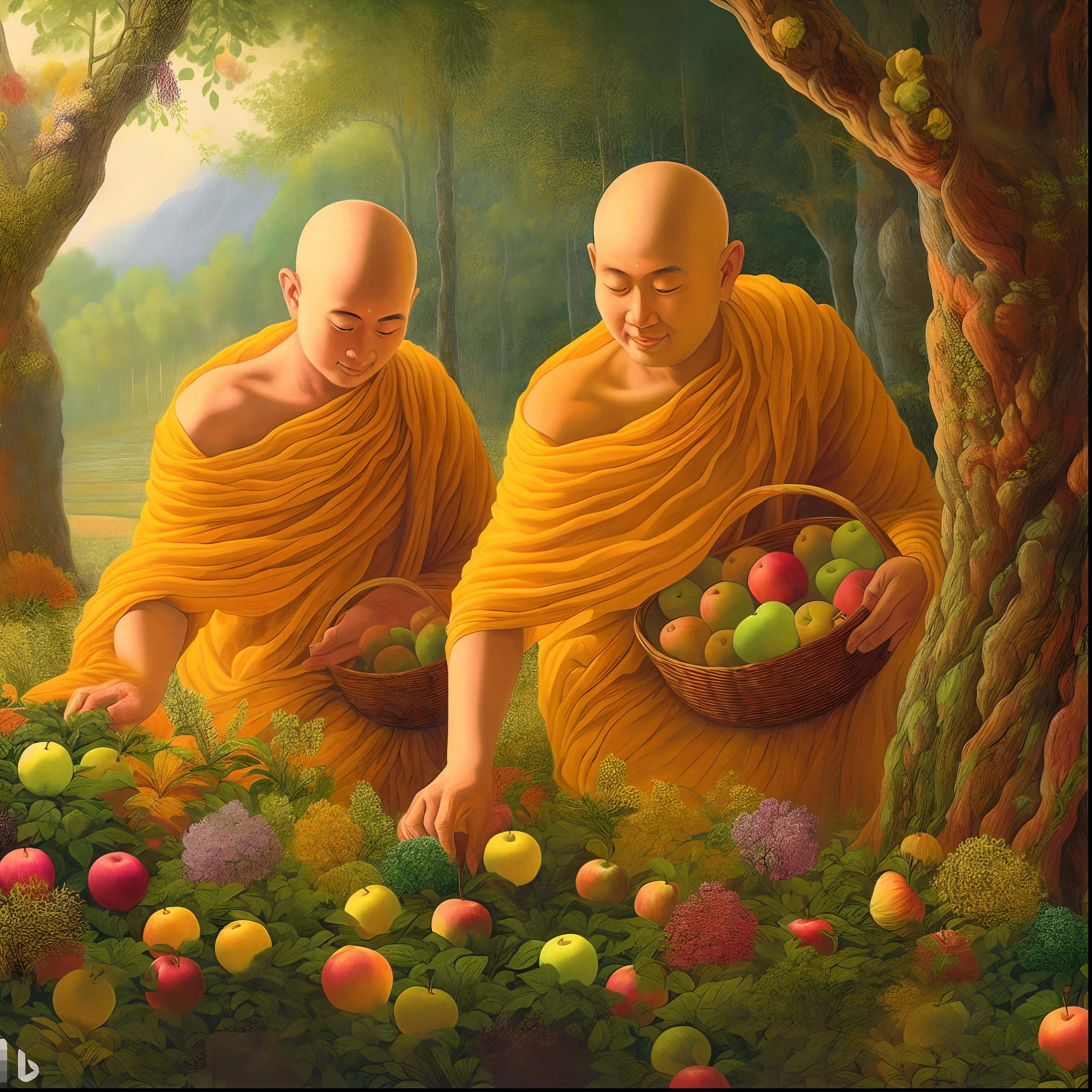 there are two monks in a field of flowers with baskets of fruit, buddhism, on path to enlightenment, on the path to enlightenment, monks, buddhist art, by Ma Quan, do hoang tuong artwork, buddhist, by John Moonan, by John La Gatta, by Igor Grabar, by Shen Quan, by Lu Guang, by Sheng Maoye