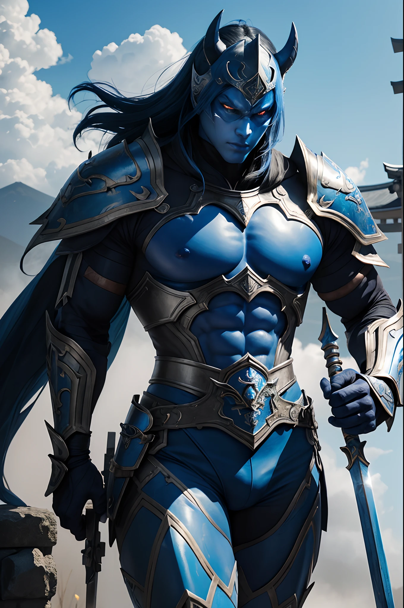 (Female Ghost Tender)、Demon Mask、Super Beauty、Blue Armor Solo Adult Devil Woman、Like the whole body、Big chest muscles and macho figure,Splitting abs,(Armed with a long and large spear)、Ghost of a mature big woman。Sturdy jaw(Lifelike)、Stand facing the front、Blue Demon Armor、magnificent artwork、((Kyoto panel painting style))、Wind-effect:1.9、Cloud Effects:1.2、Full Rendering、Encaustic Painting、unrealengine、Fine armor patterns and decorations,A hyper-realistic,Armor details,超A high resolution,enticing,Entice viewers,Blue skin,