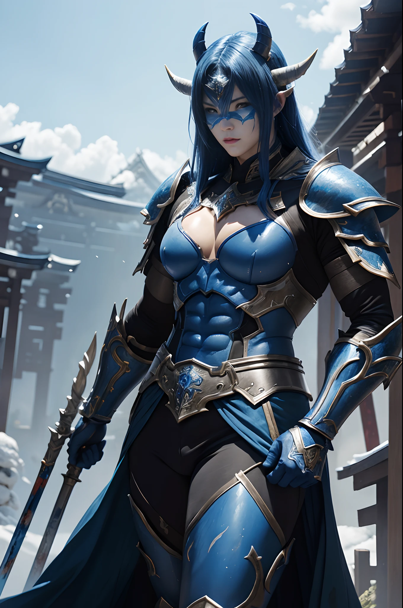 (Female Ghost Tender)、Demon Mask、Super Beauty、Blue Armor Solo Adult Devil Woman、Like the whole body、Big chest muscles and macho figure,Splitting abs,(Armed with a long and large spear)、Ghost of a mature big woman。Sturdy jaw(Lifelike)、Stand facing the front、Blue Demon Armor、magnificent artwork、((Kyoto panel painting style))、Wind-effect:1.9、Cloud Effects:1.2、Full Rendering、Encaustic Painting、unrealengine、Fine armor patterns and decorations,A hyper-realistic,Armor details,超A high resolution,enticing,Entice viewers,Blue skin,