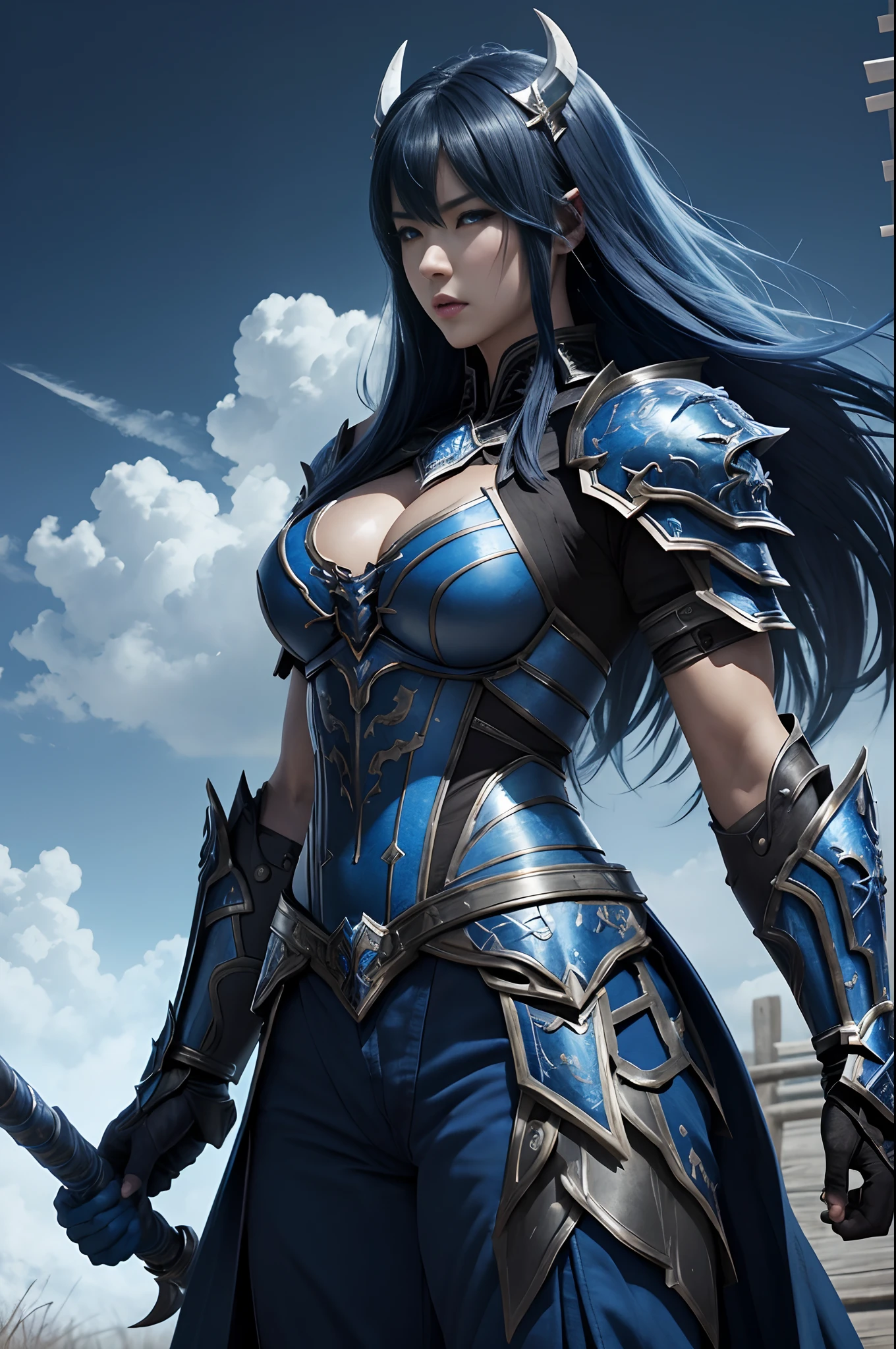(Female Ghost Tender)、Demon Mask、Super Beauty、Blue Armor Solo Adult Devil Woman、Like the whole body、Big chest muscles and macho figure,Splitting abs,(Armed with a long and large spear)、Ghost of a mature big woman。Sturdy jaw(Lifelike)、Stand facing the front、Blue Demon Armor、magnificent artwork、((Kyoto panel painting style))、Wind-effect:1.9、Cloud Effects:1.2、Full Rendering、Encaustic Painting、unrealengine、Fine armor patterns and decorations,A hyper-realistic,Armor details,超A high resolution,enticing,Entice viewers,Blue skin,