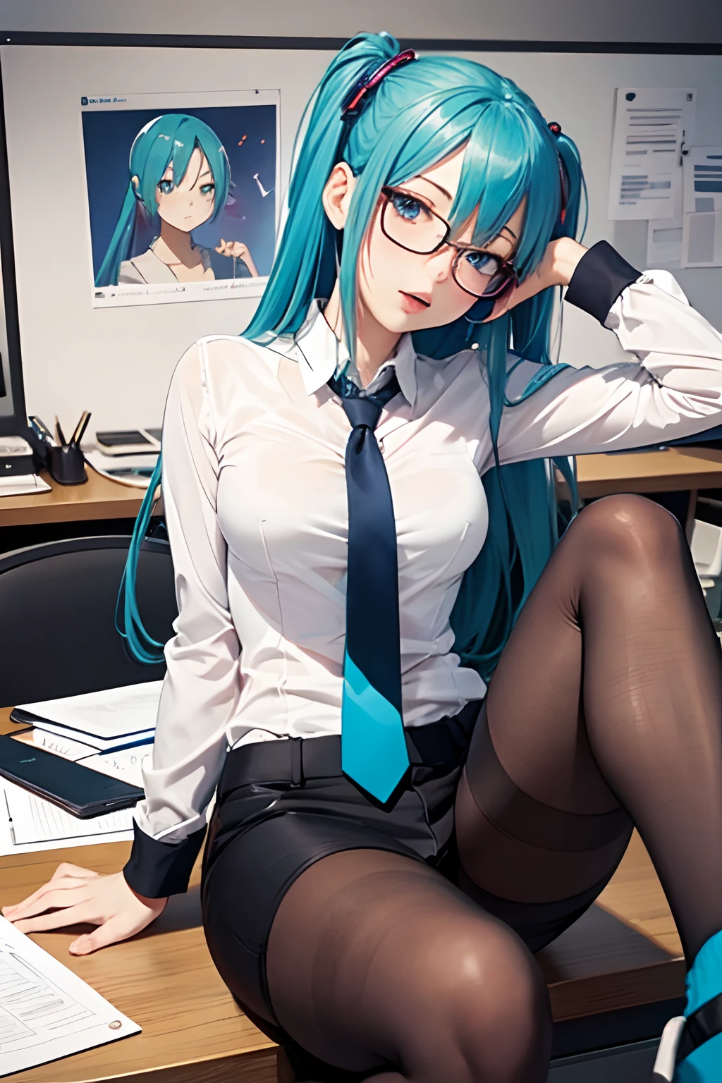 Cross-eyed、Drunk、Turned、( Silly / Sexual ecstasy)、Turned、eye glass、top-quality, Photorealistic, An ultra-fine illustrations, beautiful attractive anime girl, miku hatsune, Slender body, Tied hair, one girls, a photo of girl, Full body shot, Beautiful blue eyes, Turned, in a office、Sitting at your desk、Women's Suits、