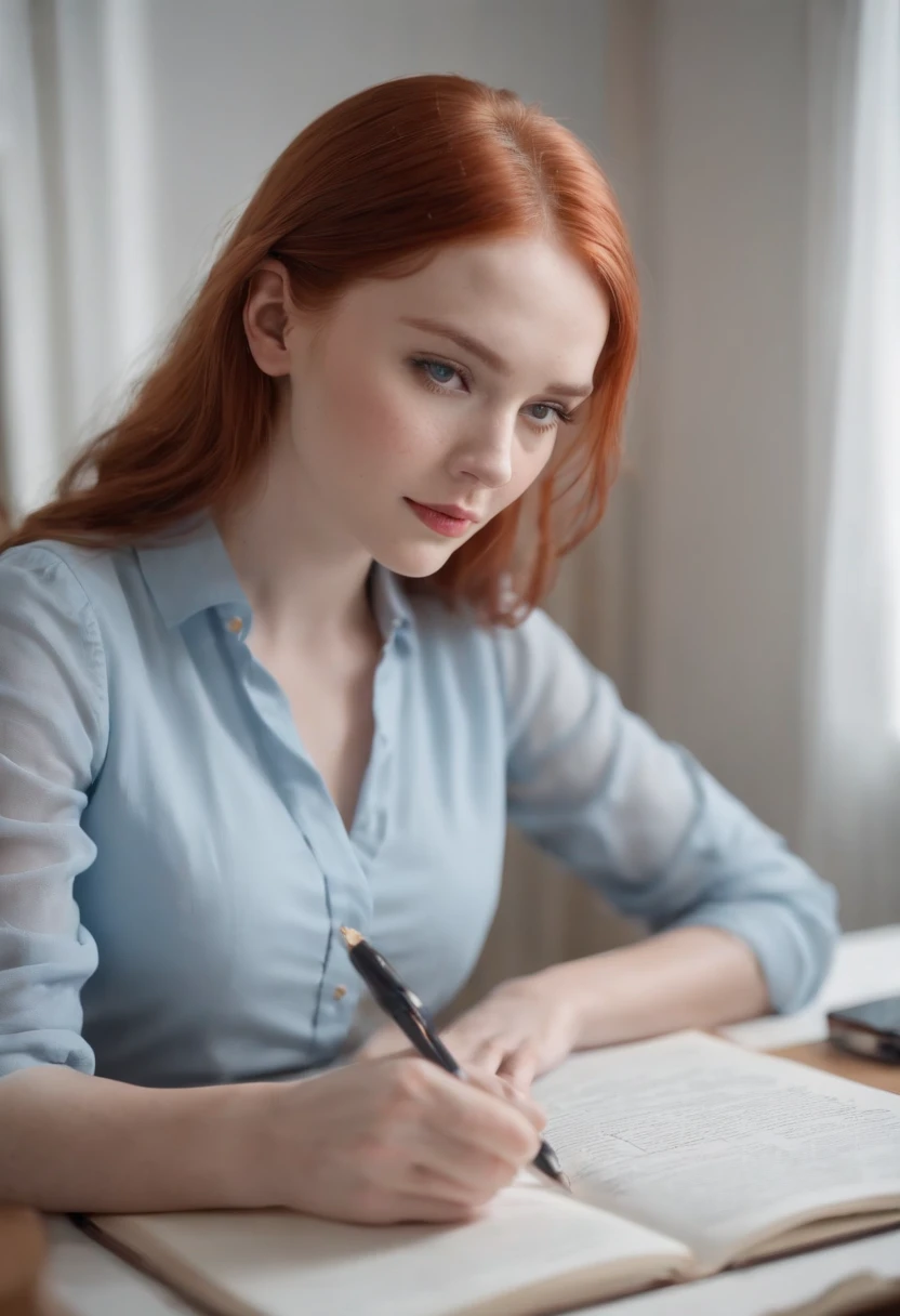 Girl with red hair and blue eyes writing articles in her room, she don't wear any glasses, formal dress, blonde face, slight red cheeks