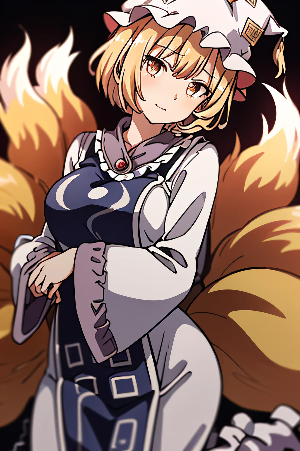 yakumo ran, 1girl, hat, blonde hair, fox tail, tabard, short hair, yellow eyes, multiple tails, long sleeves, white dress, wide sleeves, bangs, frills, frilled shirt collar,  frilled sleeves, head tilt, kitsune,