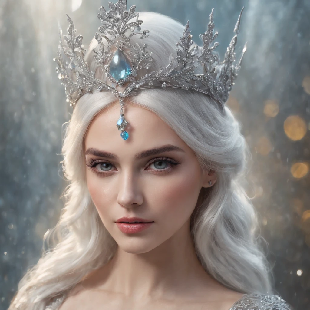avantgarde fashion shot of an incredibly adorable ice queen playing with shimmering fairy magic and amazing head metallic elaborate head piece, cute eyes looking at camera!!!,The primary focus of the composition should be the seamless fusion of the grey hair, grey eyes, and roots, with magical pixie lights, intricately detailed elven clothing, filigree, flowers, vibrant, ornate, sharp focus, inkflow, oil splash, TINY water drops, inksplash, paintsplash, running paint, running ink, incredible depth, intricate details, cinematic, dramatic lighting, beautiful light and shadows, clear contrast, intricate, hyperdetailed, meticulously detailed, a masterpiece, whimsical fantasy" HDR. UHD. -style raw --ar 5:6 --s 750