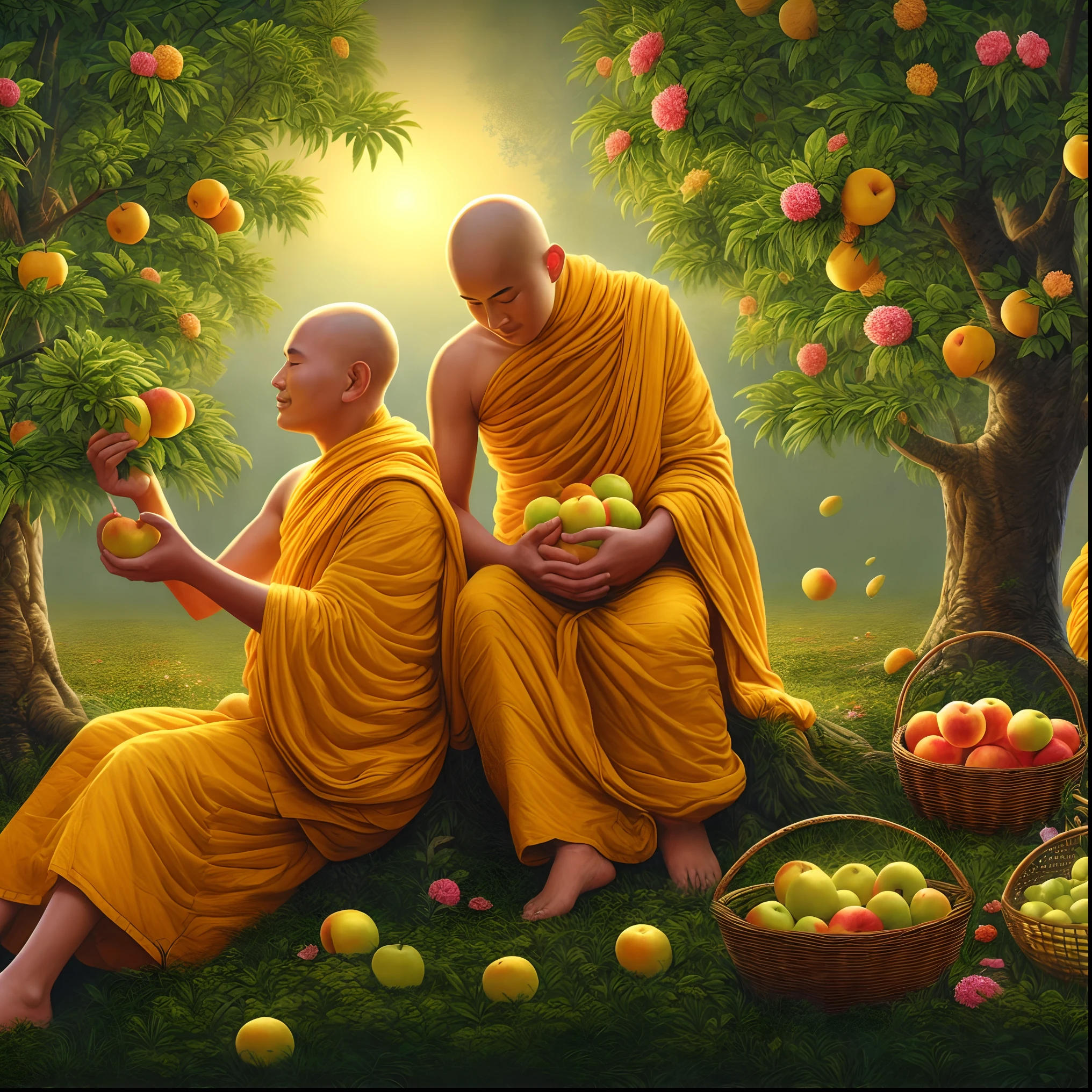 two monks sitting on the ground with apples in their hands, buddhism, monks, buddhist, monk clothes, on path to enlightenment, on the path to enlightenment, by John La Gatta, yellow robes, hd wallpaper, by Ma Quan, golden sacred tree, by John Moonan, by Galen Dara, by Alexander Kucharsky, by Igor Grabar, spiritual enlightenment