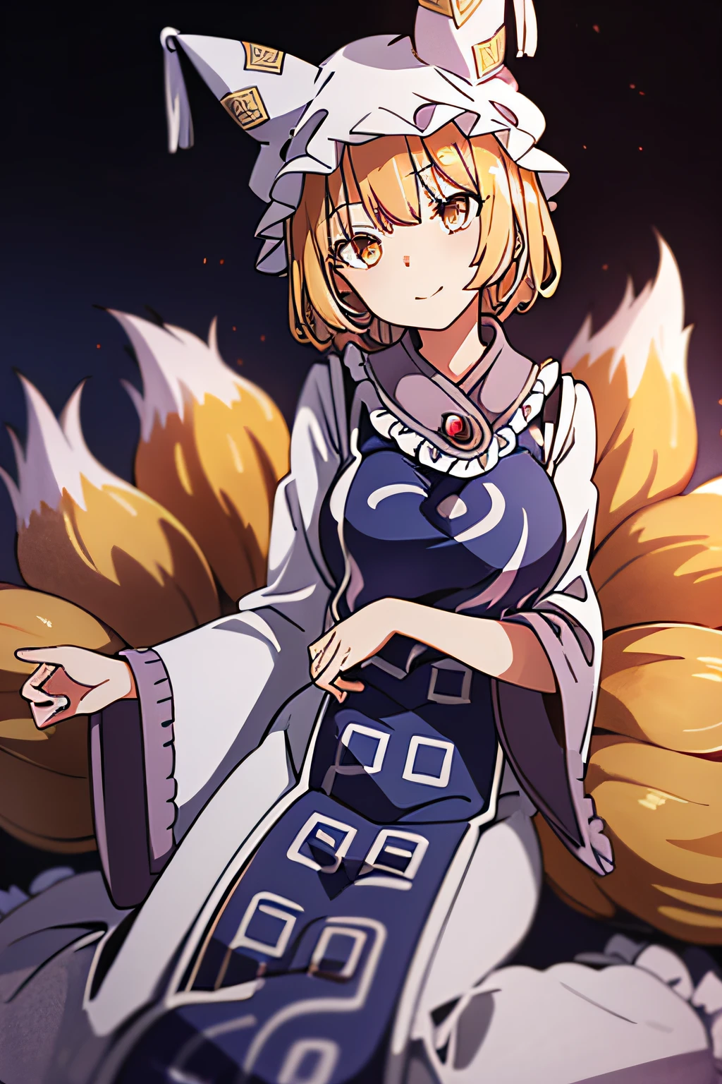 yakumo ran, 1girl, hat, blonde hair, fox tail, tabard, short hair, yellow eyes, multiple tails, long sleeves, white dress, wide sleeves, bangs, frills, frilled shirt collar,  frilled sleeves, head tilt, kitsune,