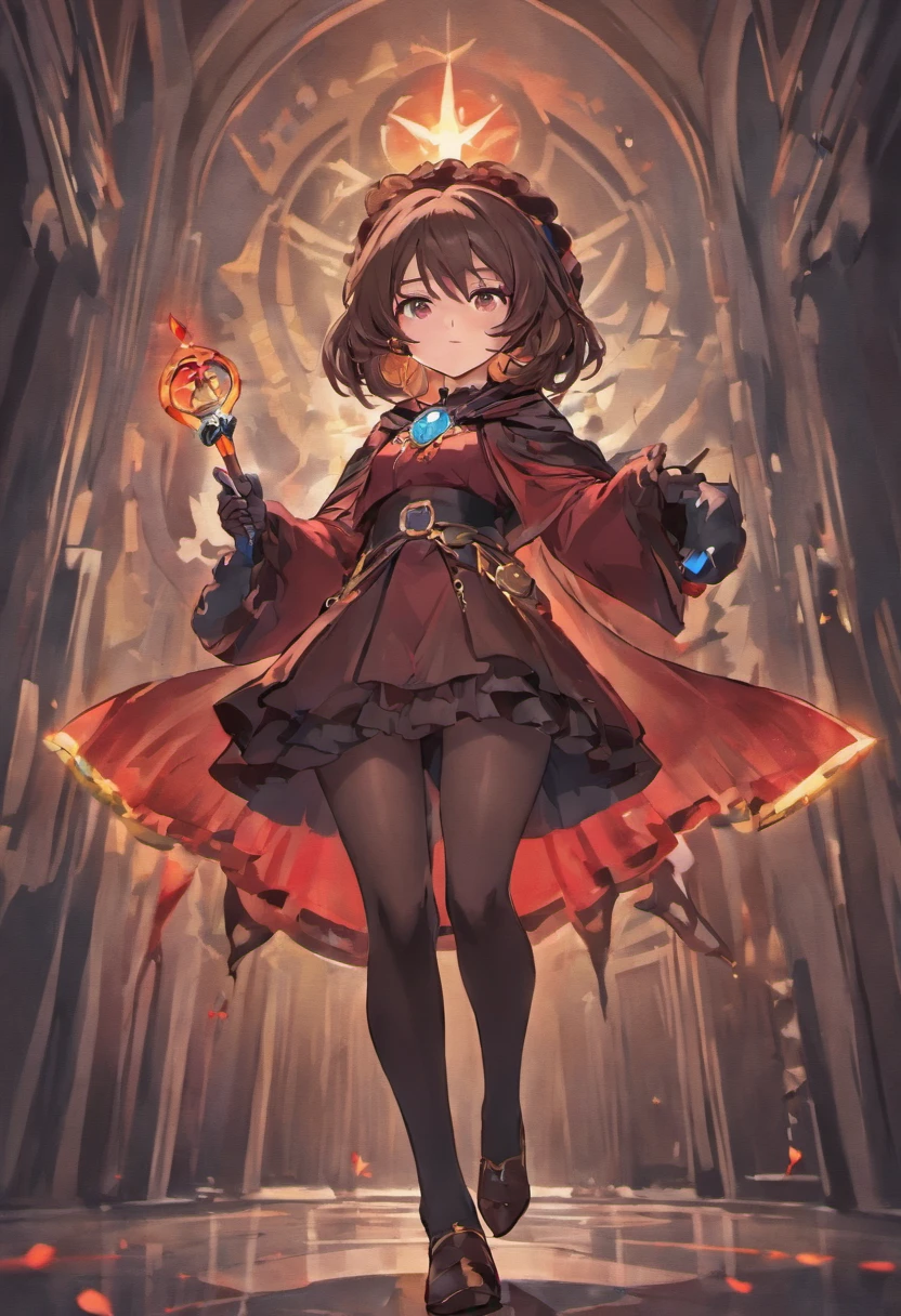 a with a classical witch attire. She has shoulder-length dark brown hair and crimson-colored eyes. She wears a black cloak, a red robe, orange boots and a black wizard’s hat, all with gold border and trimmings, along with a black choker, belt and fingerless gloves. She also has a white bandage wrapped around her right leg and a black stocking on her left one. She carries a brown staff with a floating blue gem